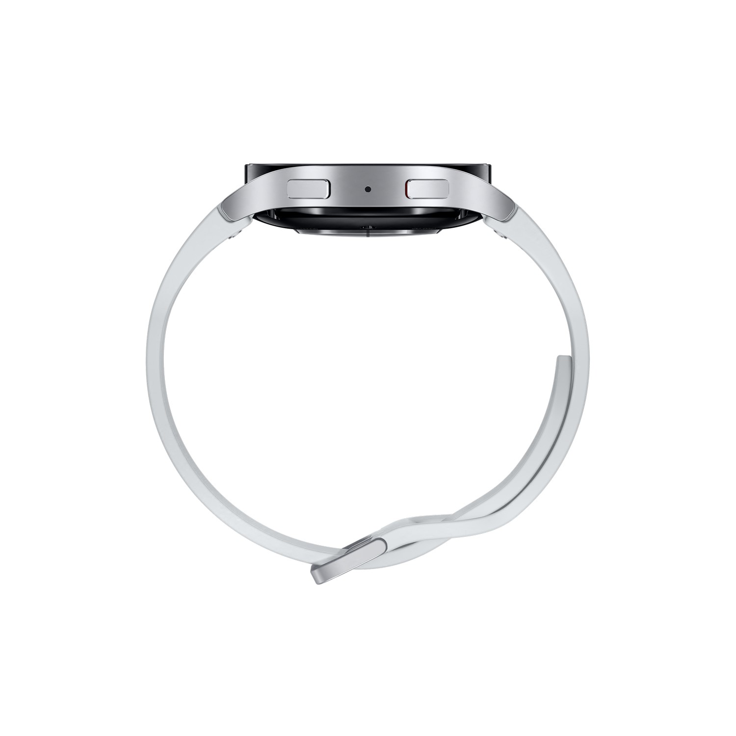 Uno smartwatch bianco con cinturino bianco. L'orologio è circolare con due pulsanti laterali.