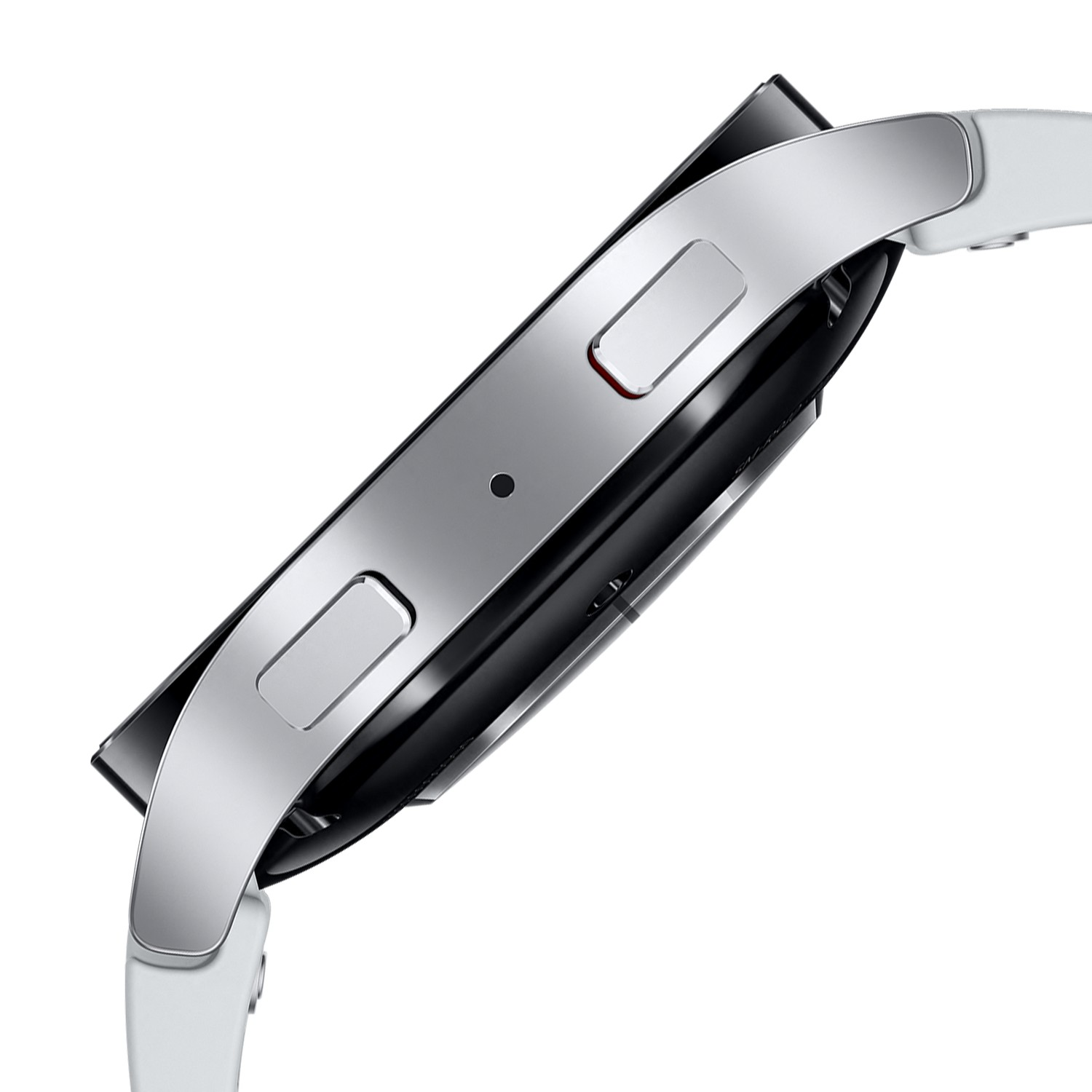 Primo piano di uno smartwatch argentato su cinturino bianco. L'orologio ha un quadrante nero.