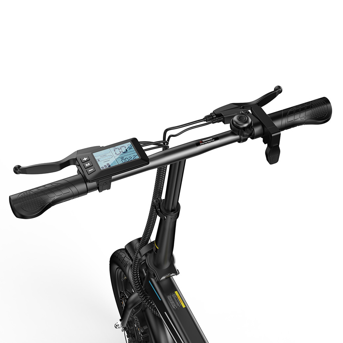 Schwarzer, zusammenklappbarer E-Scooter-Lenker mit Display und Bedienelementen, weißer Hintergrund.