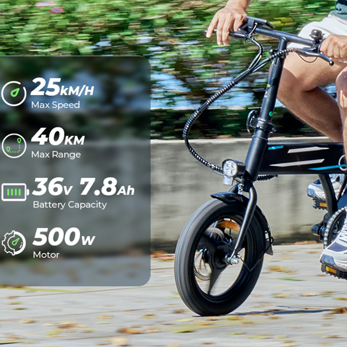 Mann fährt schwarzes E-Bike. Gezeigte Stats: 25km/h max. Geschwindigkeit, 40km max. Reichweite, 36V 7,8Ah Akku, 500W Motor.