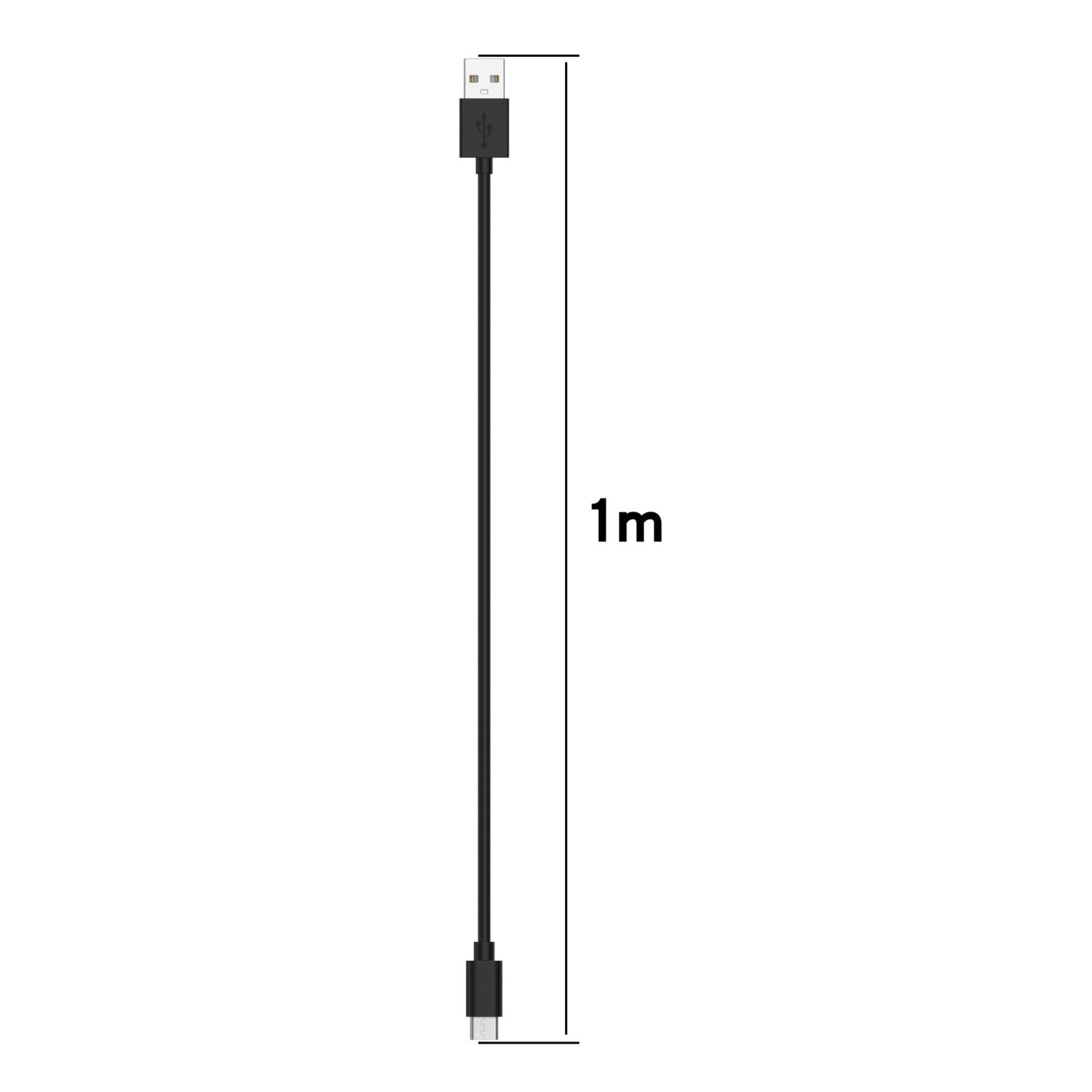 Schwarzes USB-Kabel, 1 m lang, mit USB-A- und USB-C-Anschlüssen. Weißer Hintergrund.