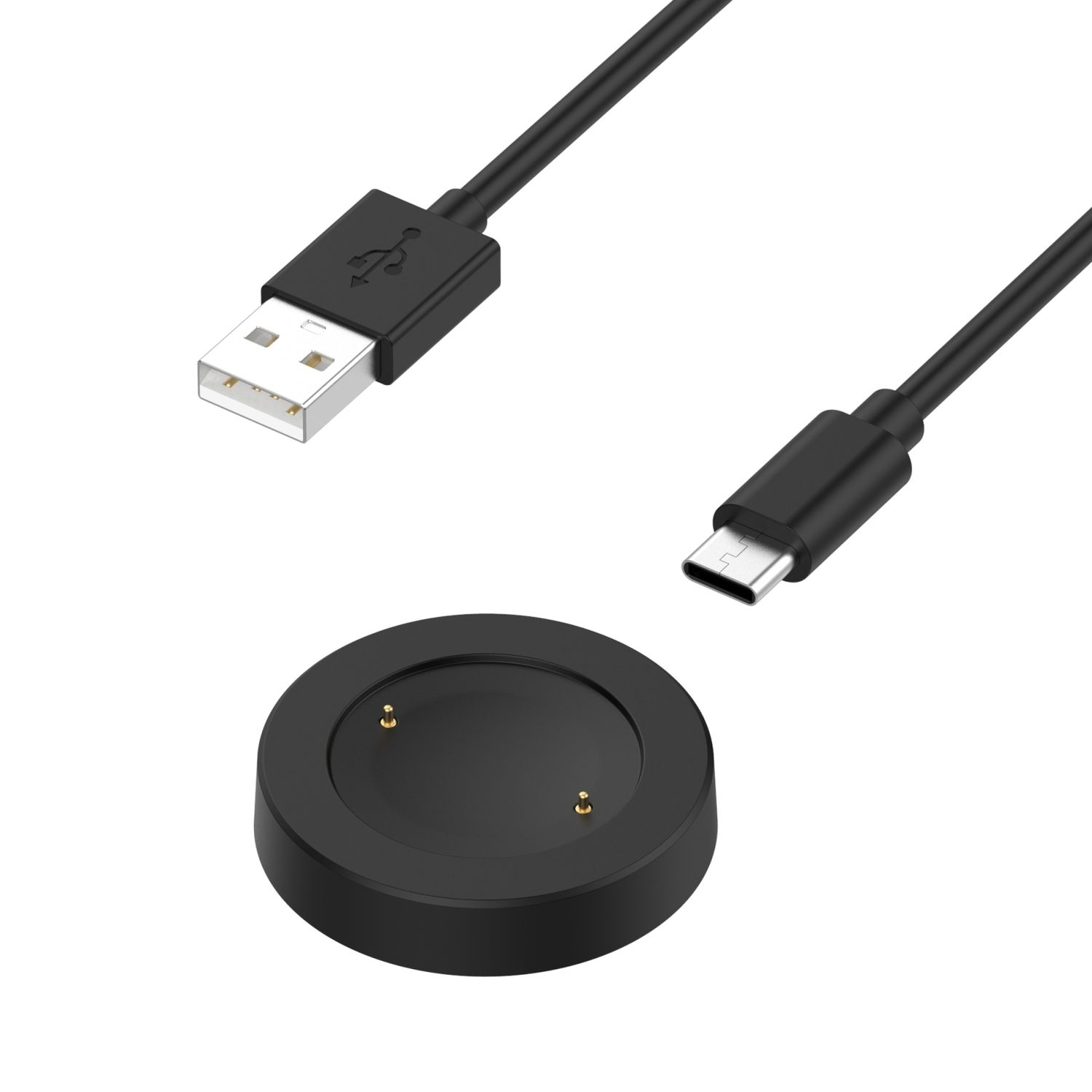 Schwarze Ladestation mit USB- und USB-C-Kabeln. Weißer Hintergrund. Kabel sind schwarz.