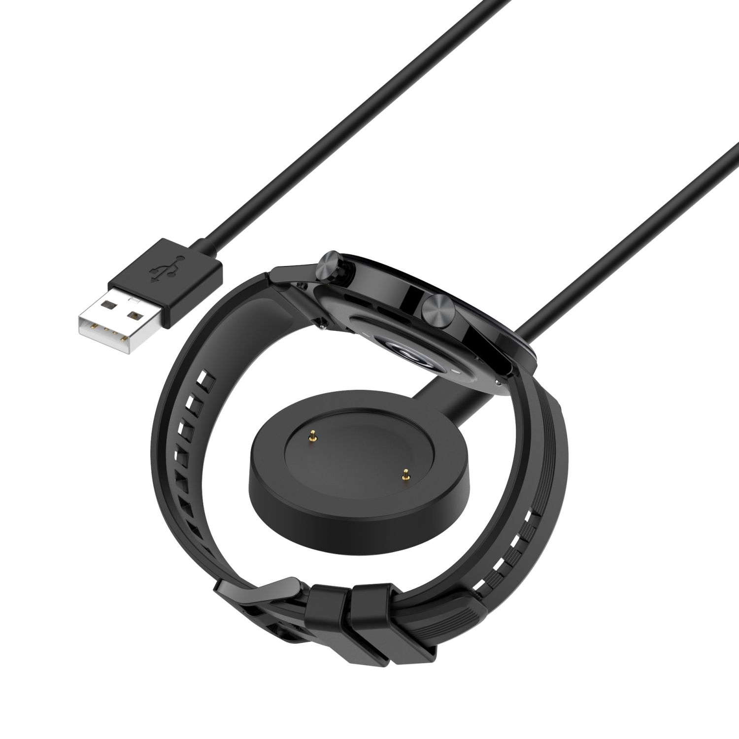 Schwarze Smartwatch auf einem Ladeständer mit angeschlossenem USB-Kabel.
