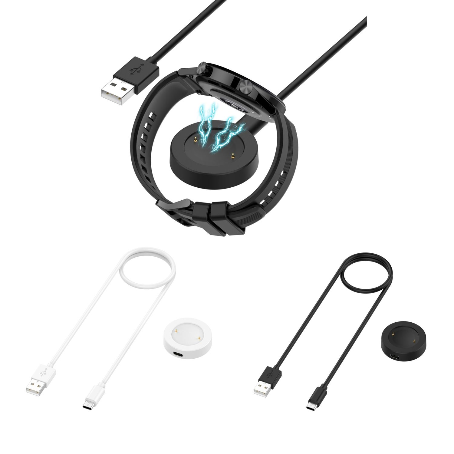 Eine schwarze Smartwatch auf einer Ladestation, mit zwei weiteren Ladekabeln und -stationen.