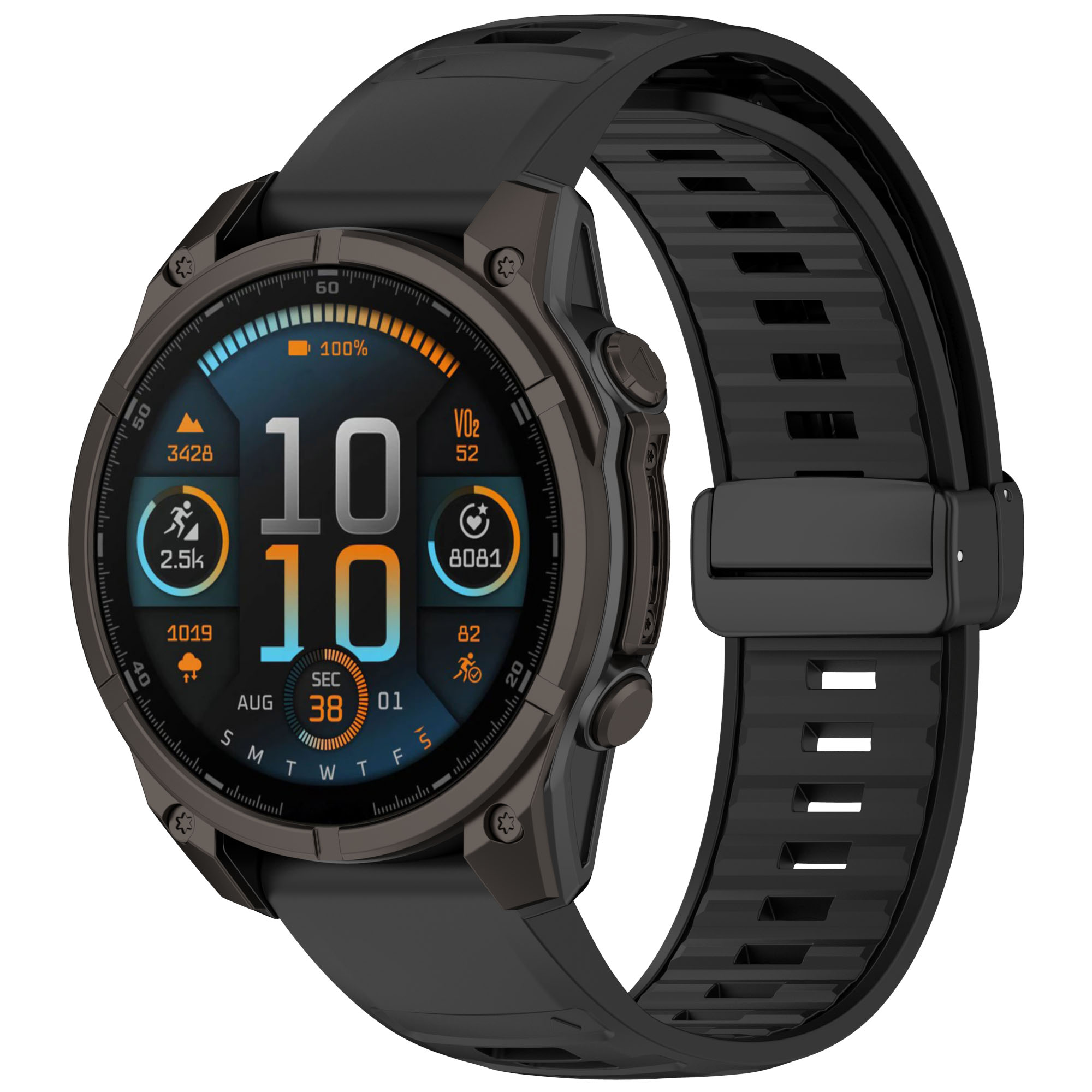 Schwarze Smartwatch mit digitalem Display, schwarzem Armband und sichtbaren Knöpfen.