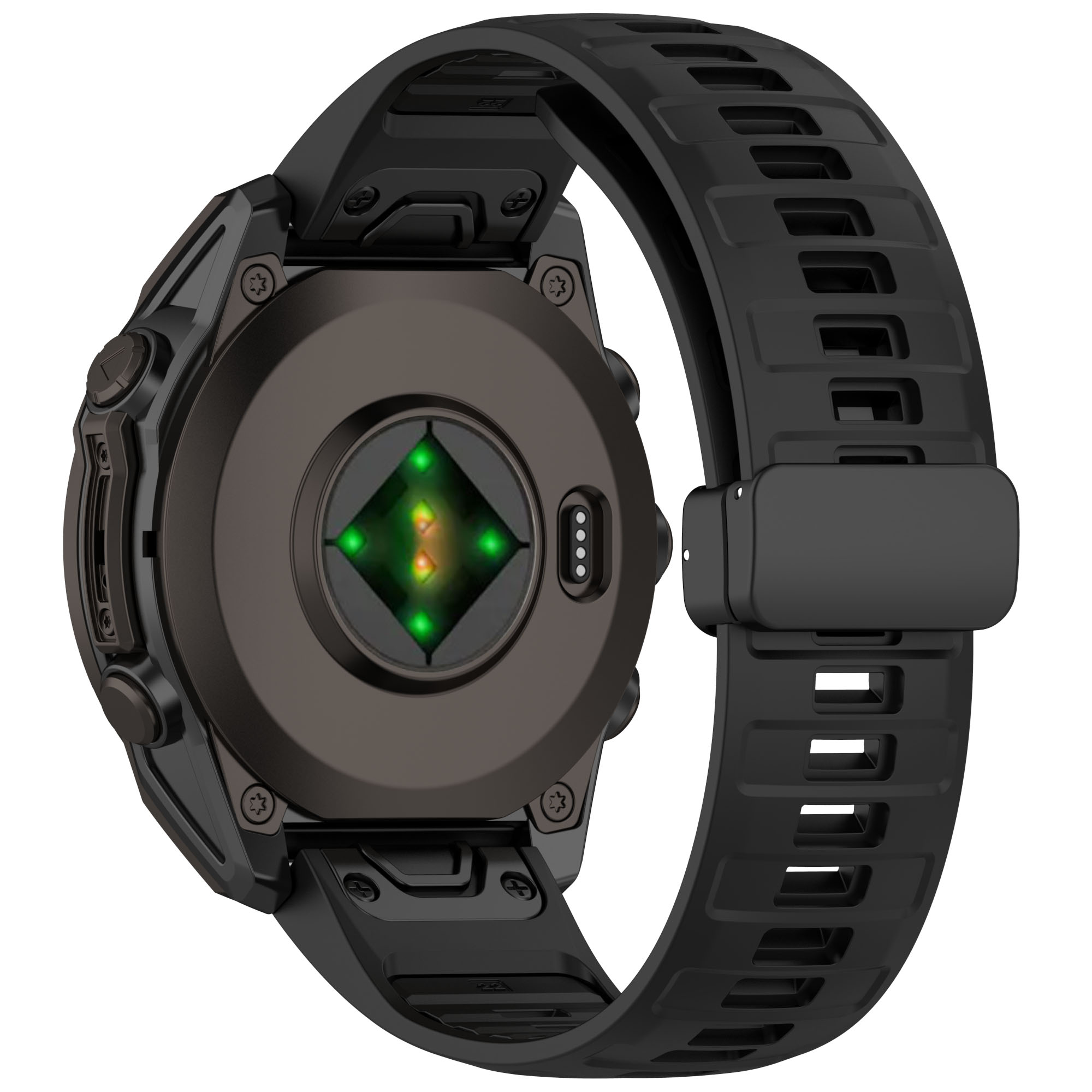 Schwarze Smartwatch mit schwarzem Armband, Rückseite mit Sensor.