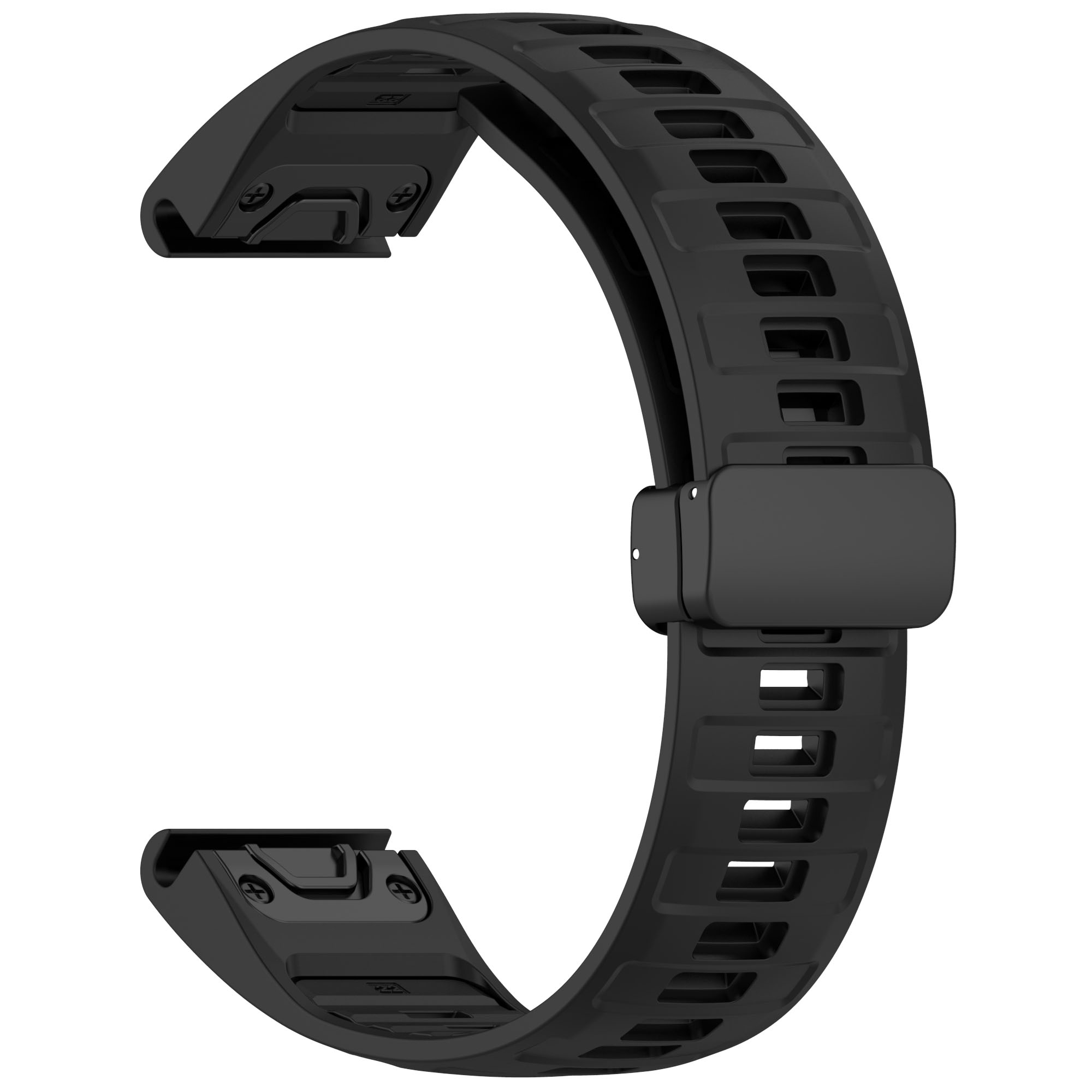 Schwarzes Uhrenarmband. Das Armband ist gebogen. Schwarzer Verschluss. Weißer Hintergrund.