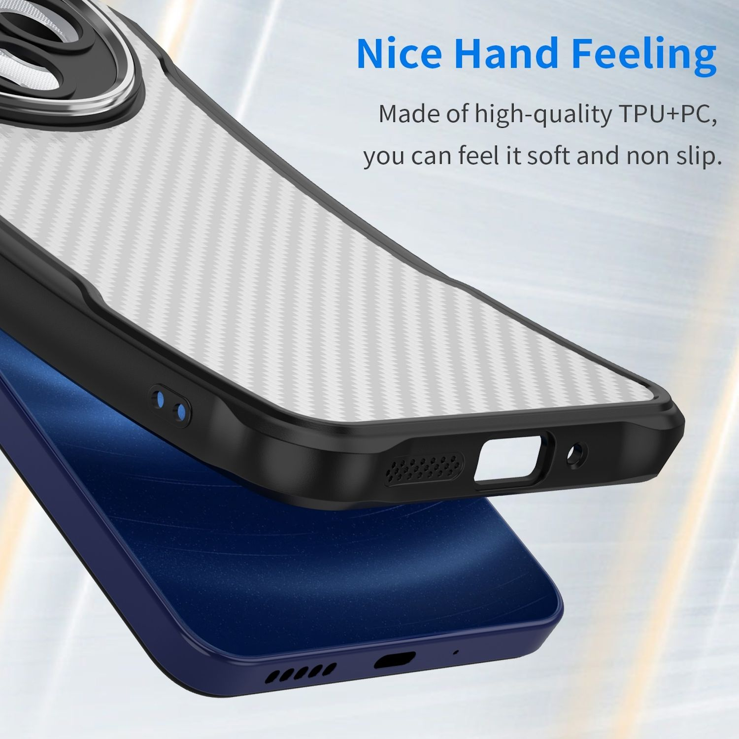 Nahaufnahme einer Handyhülle mit einem blauen Telefon darin. Text: Nice Hand Feeling. Made of high-quality TPU+PC.