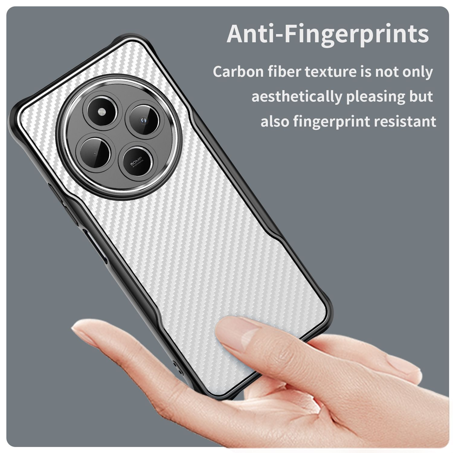 Handyhülle mit Kohlefaserstruktur. Hand hält Telefon. Anti-Fingerprint-Text.