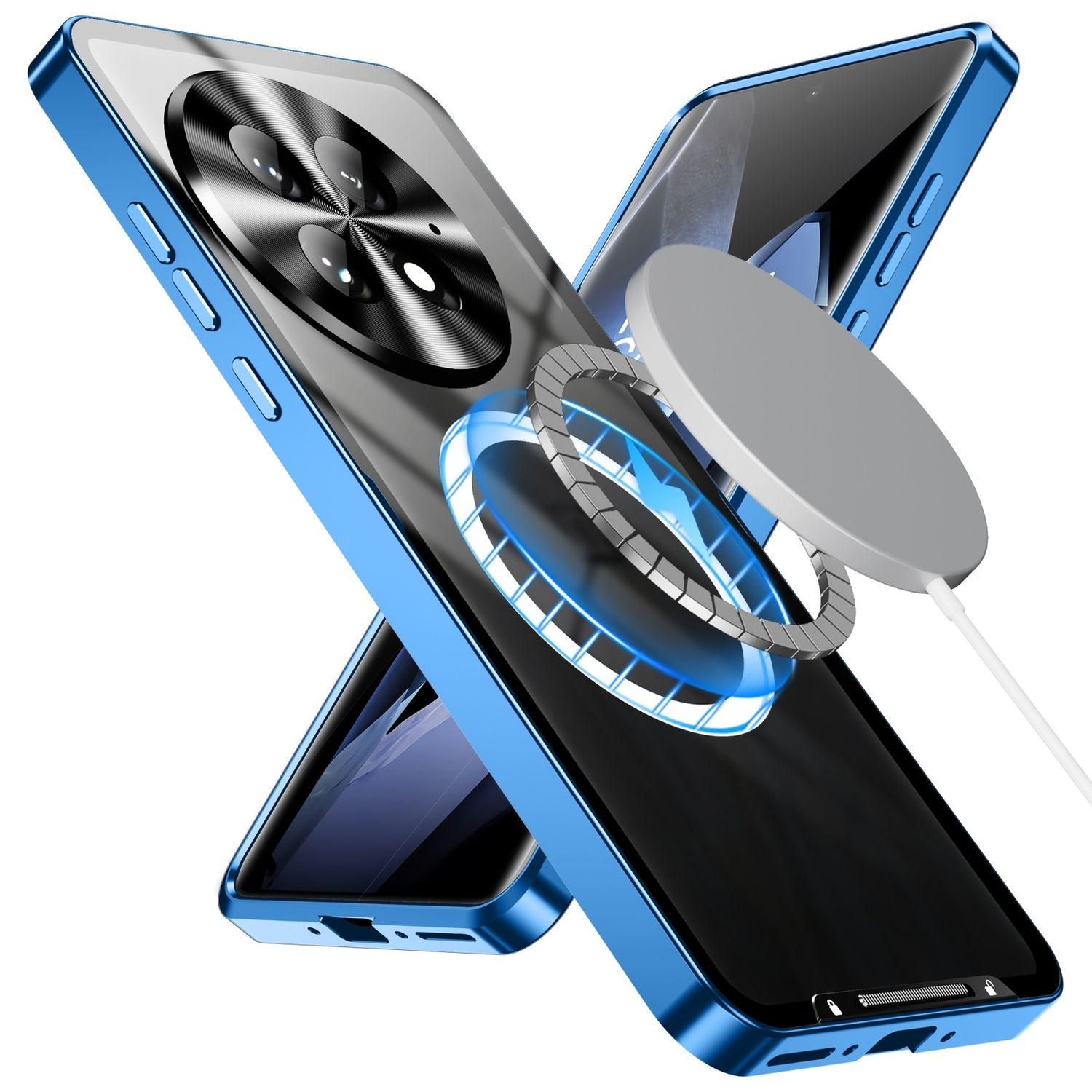 Blaue Handyhülle mit durchsichtigem Rücken und kreisförmigem magnetischen Ladepad. Das Telefon ist sichtbar.