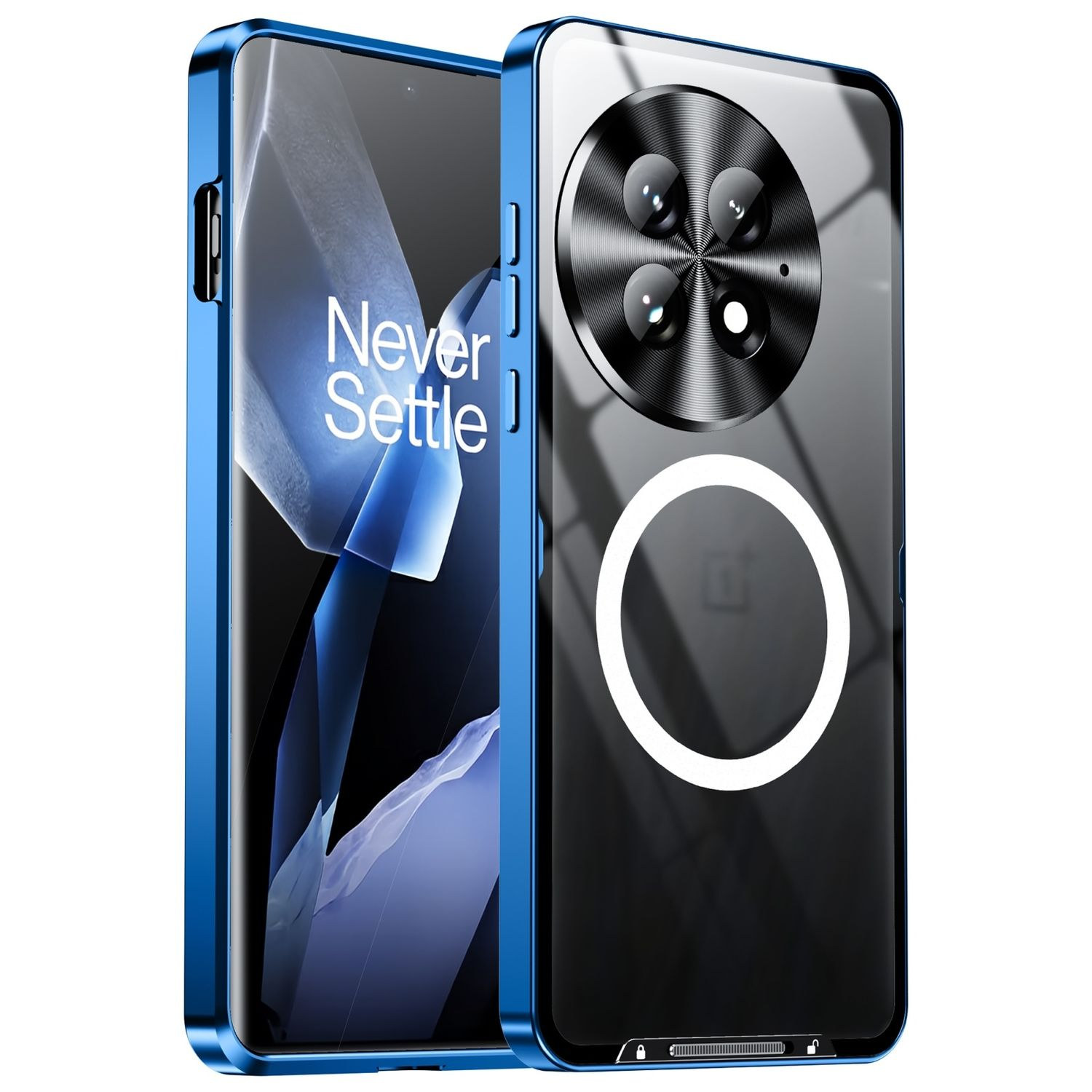 Blaue Handyhülle mit einem Telefon darin, zeigt Kamera und durchsichtige Rückseite.