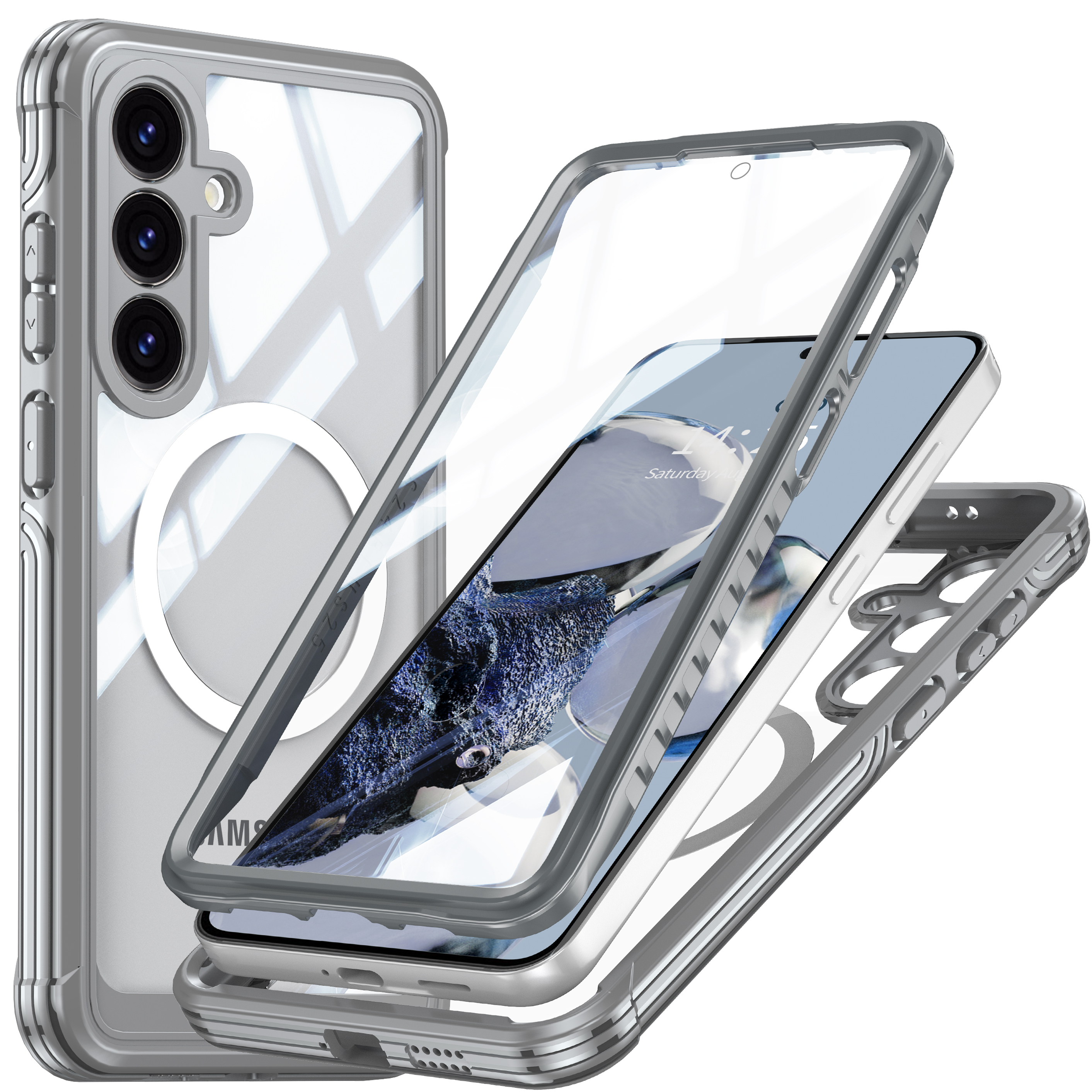 Set di custodie per telefoni trasparenti e argentate. Custodia per telefono in 3 parti, con un telefono all'interno. Sfondo bianco.