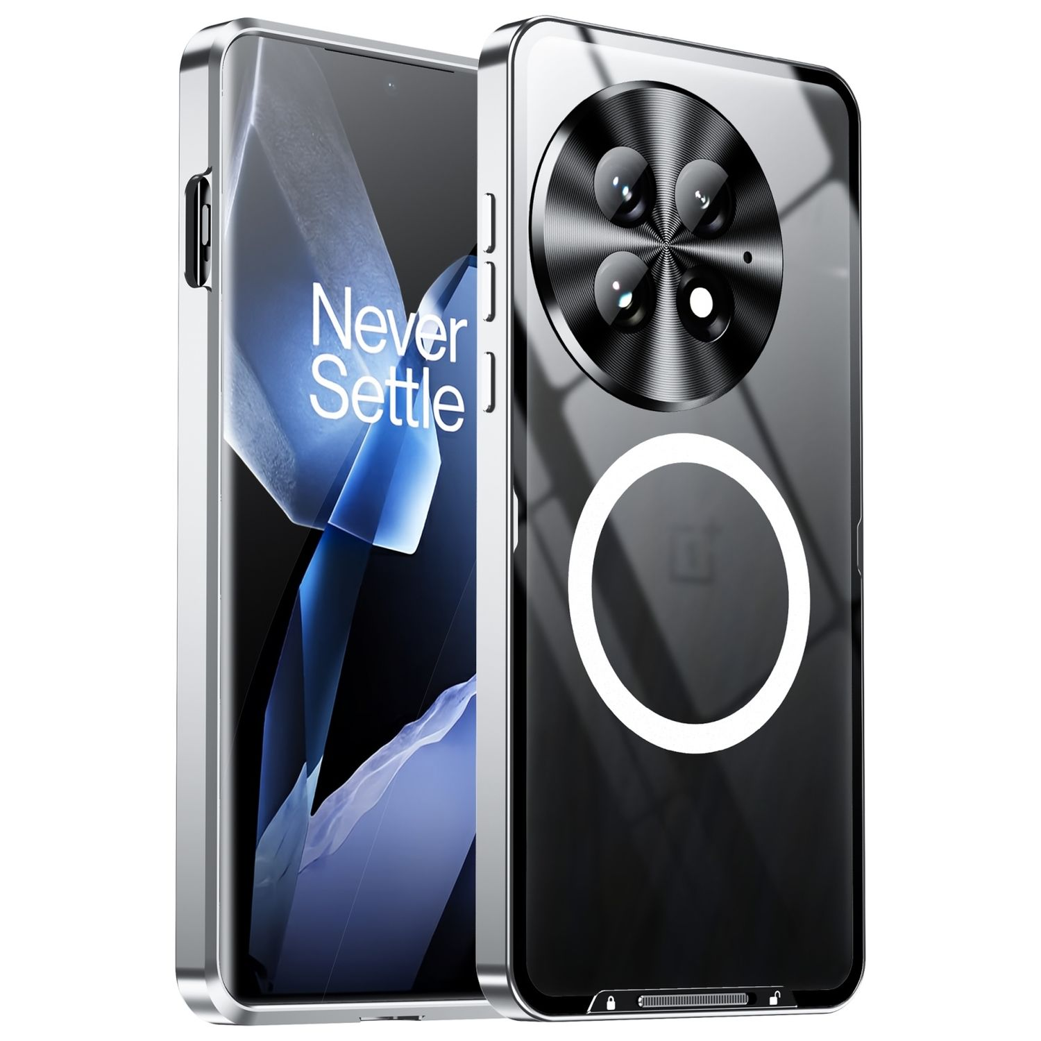 Funda de teléfono: marco plateado, parte trasera transparente, módulo de cámara circular. Teléfono negro.