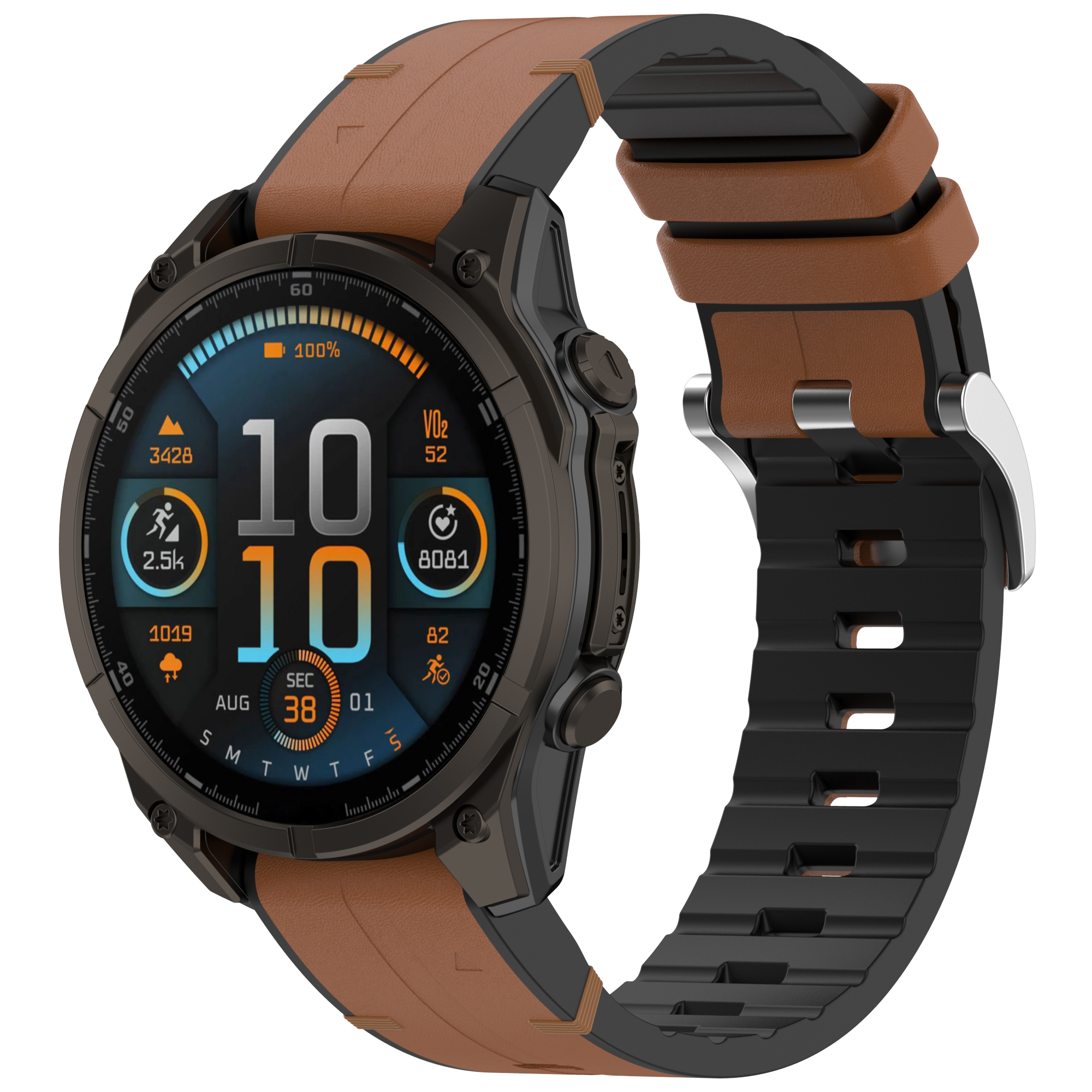 Smartwatch nero e marrone con display digitale che mostra dati.