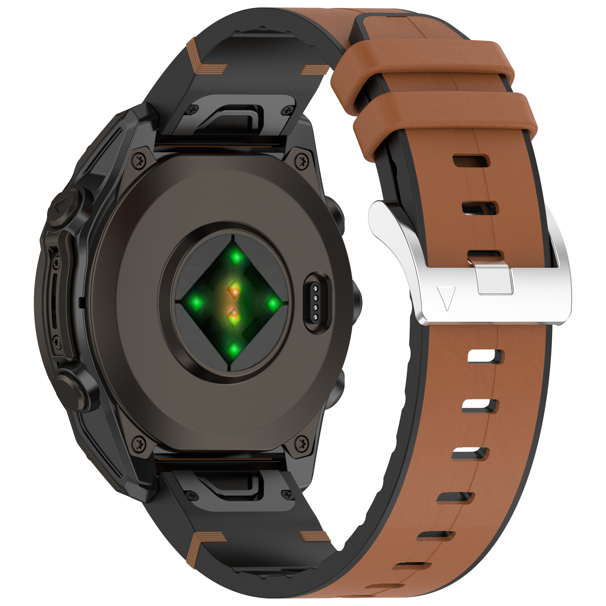 Smartwatch nero con cinturino marrone. Il retro ha un sensore di frequenza cardiaca con luci verdi.