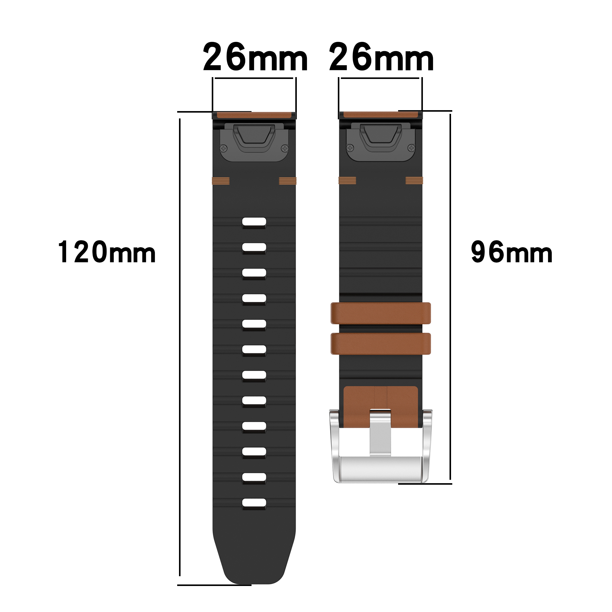 Diagramma mostra un cinturino con dimensioni: 120 mm, 96 mm e 26 mm. Colori marrone e nero visibili.