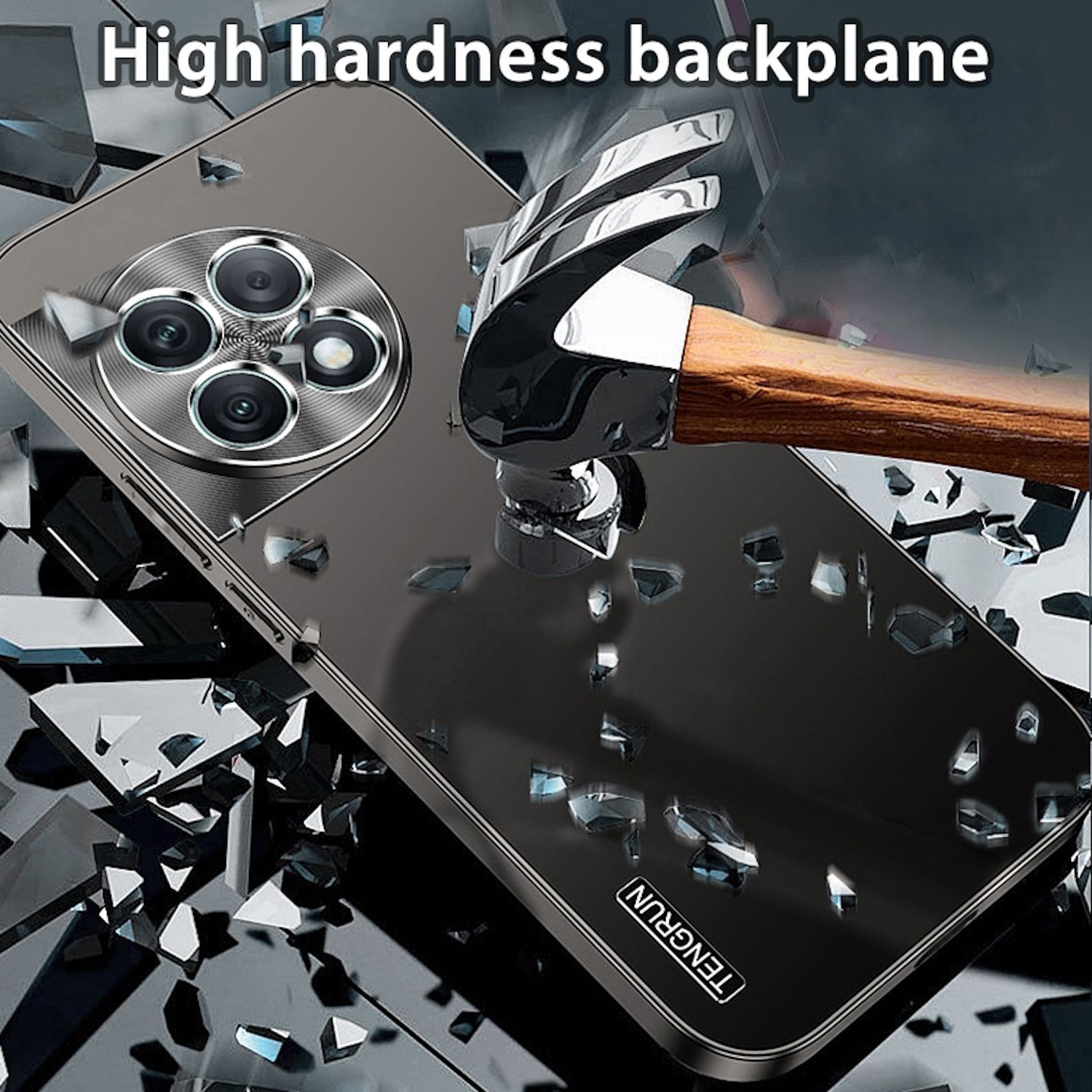 Funda de teléfono golpeada con martillo. Funda negra. Texto: Placa trasera de alta dureza.