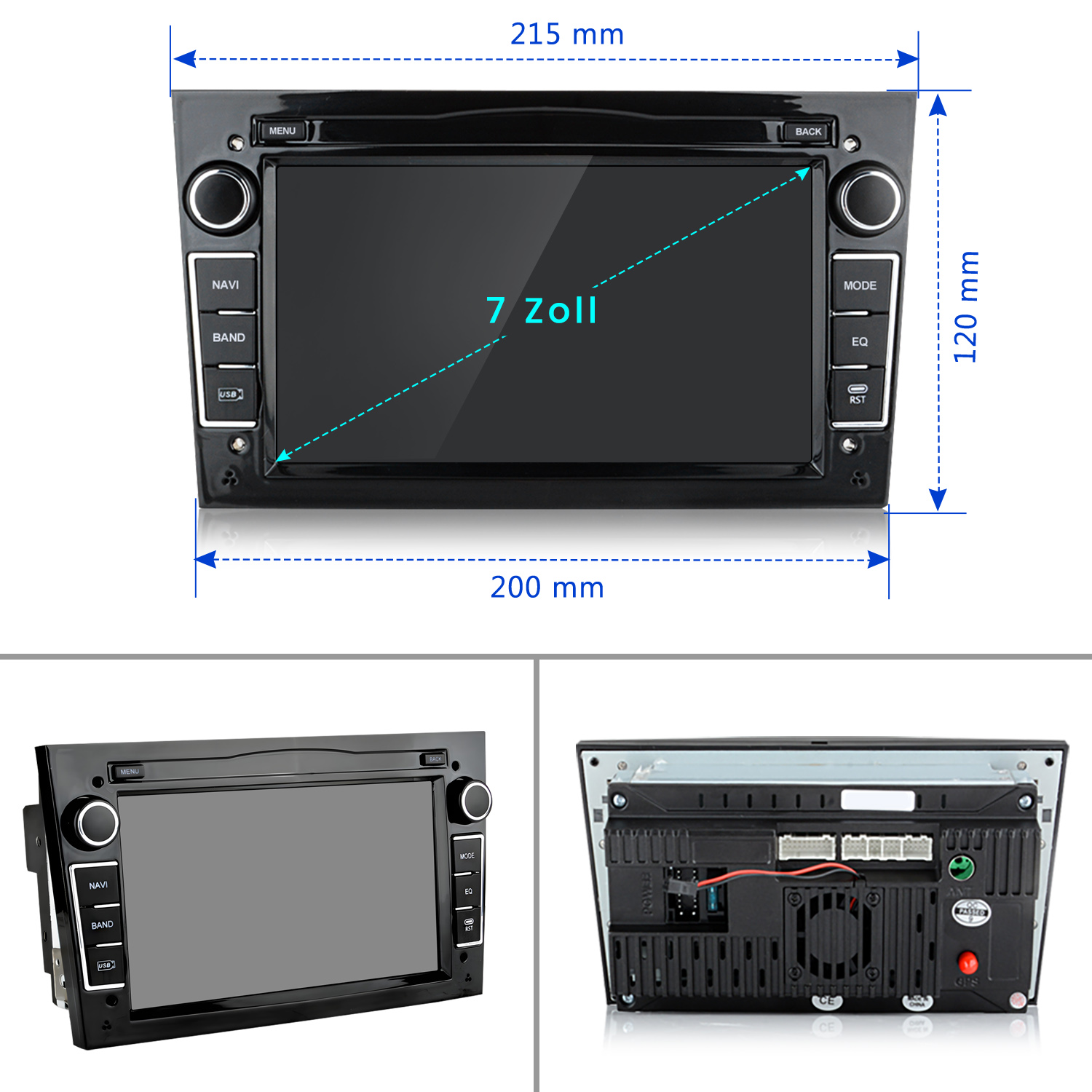 System stereo samochodowy z ekranem dotykowym. Wymiary wskazane na zdjęciu.