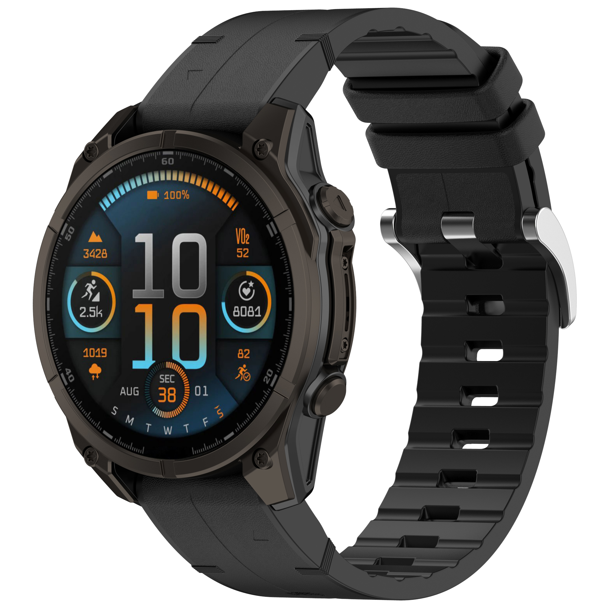 Czarny smartwatch z czarnym paskiem, wyświetlający dane fitness. Tło białe.