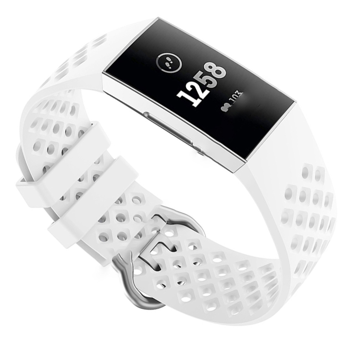 Biały smartwatch z cyfrowym wyświetlaczem pokazującym godzinę i tętno. Biały pasek.