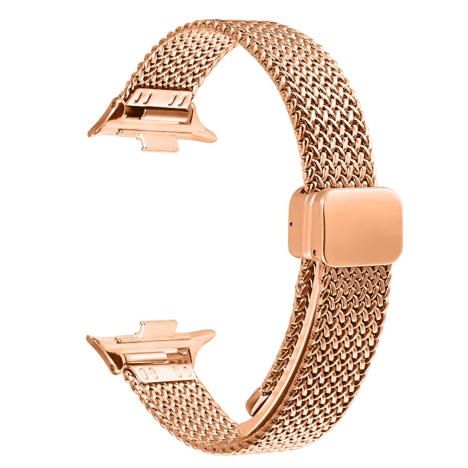 Roségoldenes Uhrenarmband mit Mesh-Design und Verschluss.