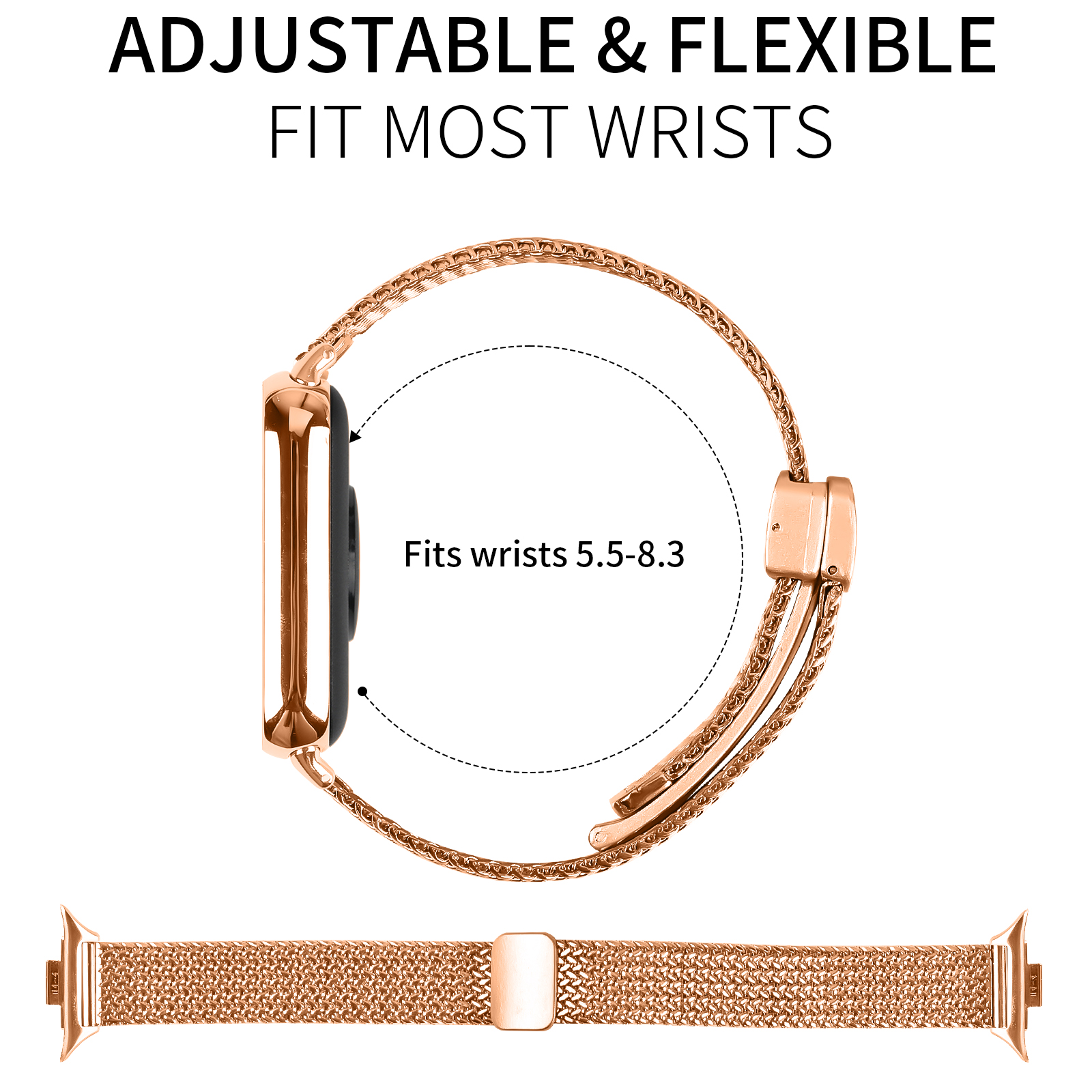 Ein roségoldenes Uhrenarmband auf weißem Hintergrund, mit einer Uhr.