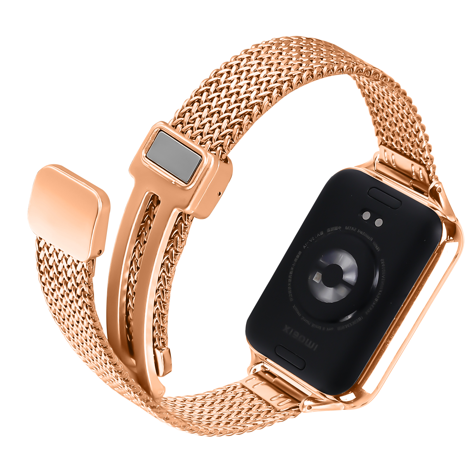 Roségoldene Smartwatch mit Mesh-Armband. Die Rückseite der Uhr ist sichtbar. Das Armband ist geöffnet.