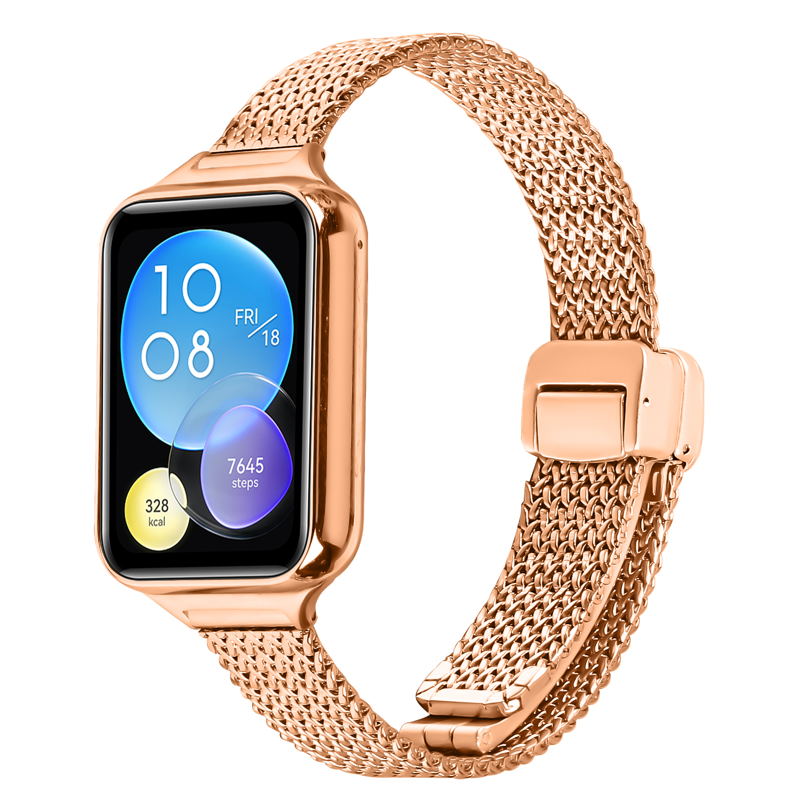 Eine roségoldene Smartwatch mit Mesh-Armband und digitaler Anzeige.