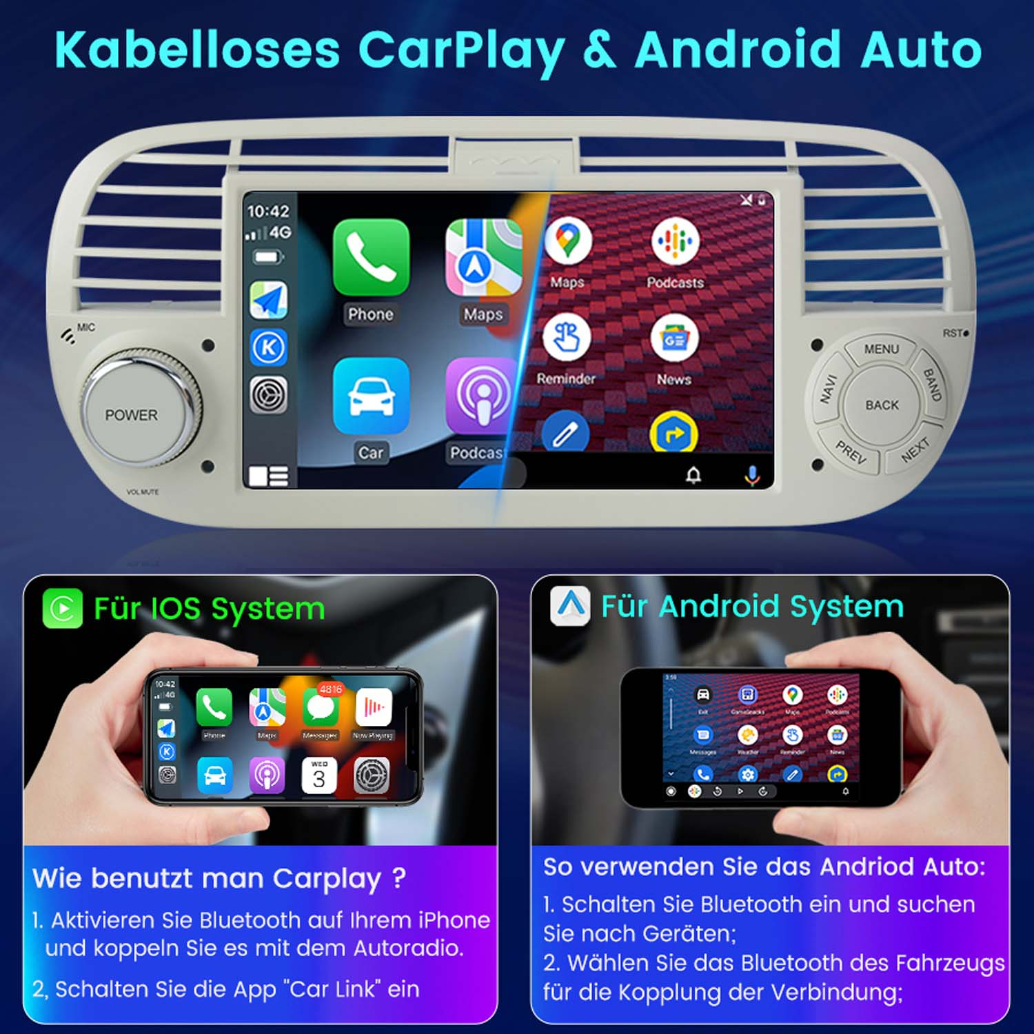 Autoradio mit CarPlay/Android Auto. Zwei Telefone zeigen Apps.