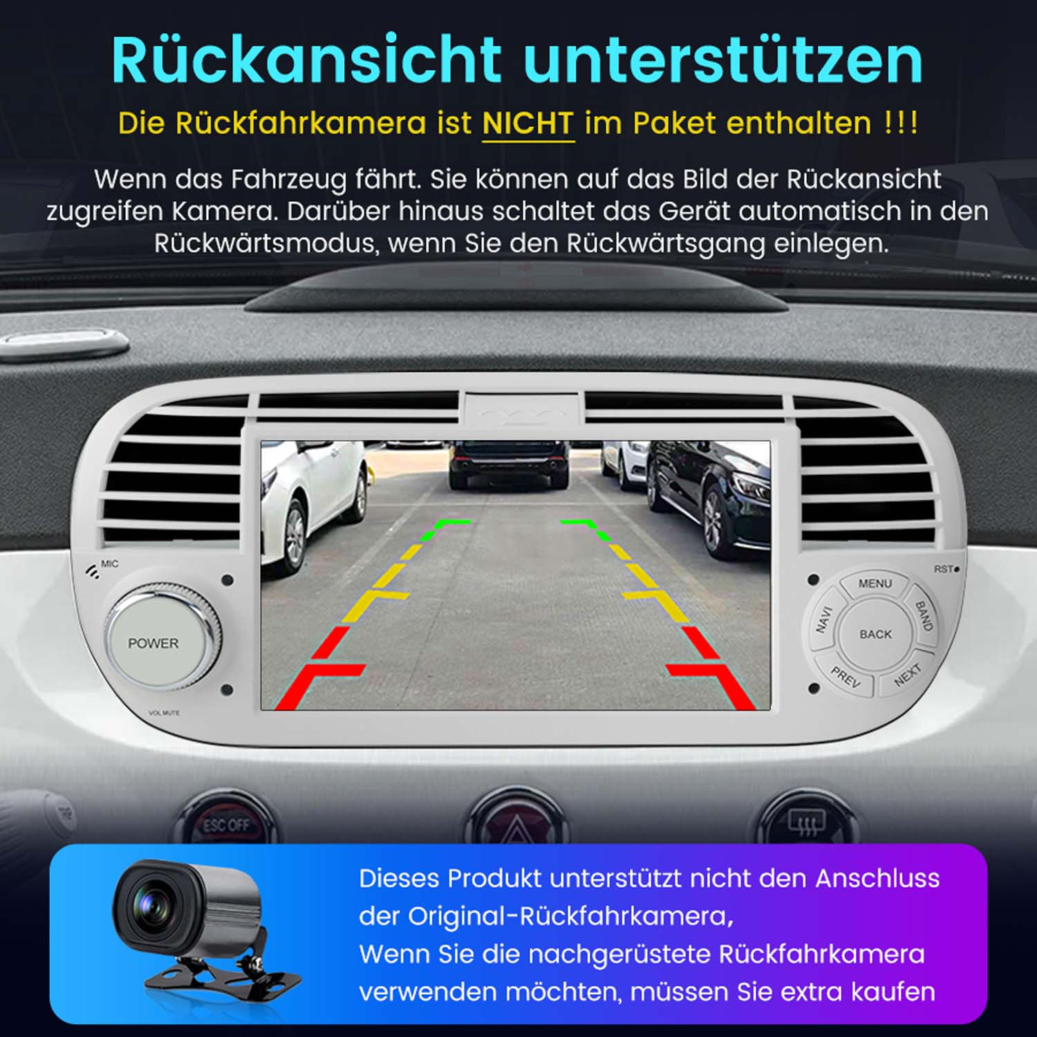 Autoradio-Bildschirm mit Ansicht einer Rückfahrkamera. Text auf Deutsch.