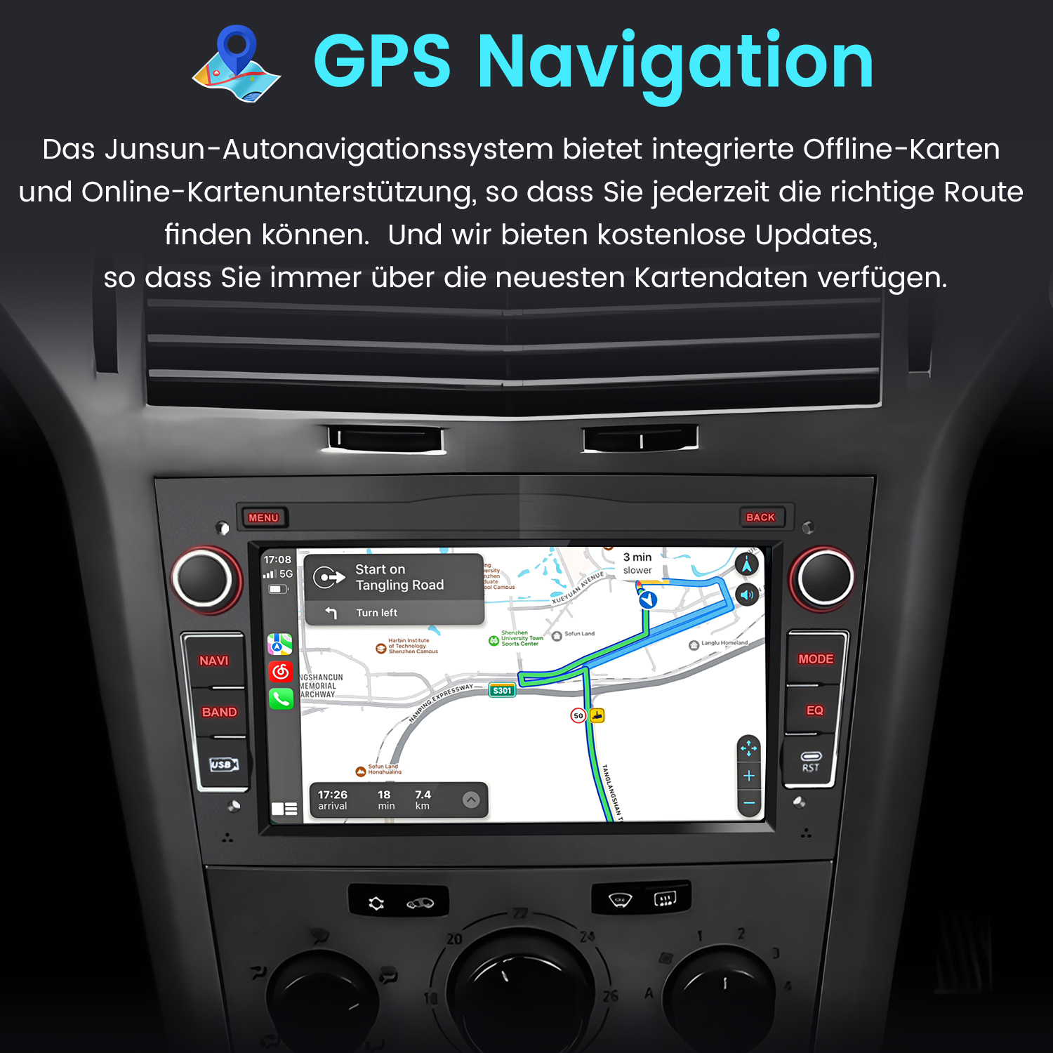 Deska rozdzielcza samochodu z ekranem nawigacji GPS pokazującym mapę trasy. Widoczne przyciski i elementy sterujące.