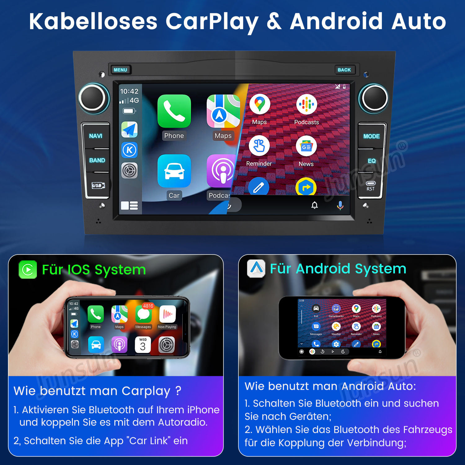 Ekran multimedialny samochodu z nawigacją, telefonem i innymi aplikacjami. Wyświetla Apple CarPlay i Android Auto.