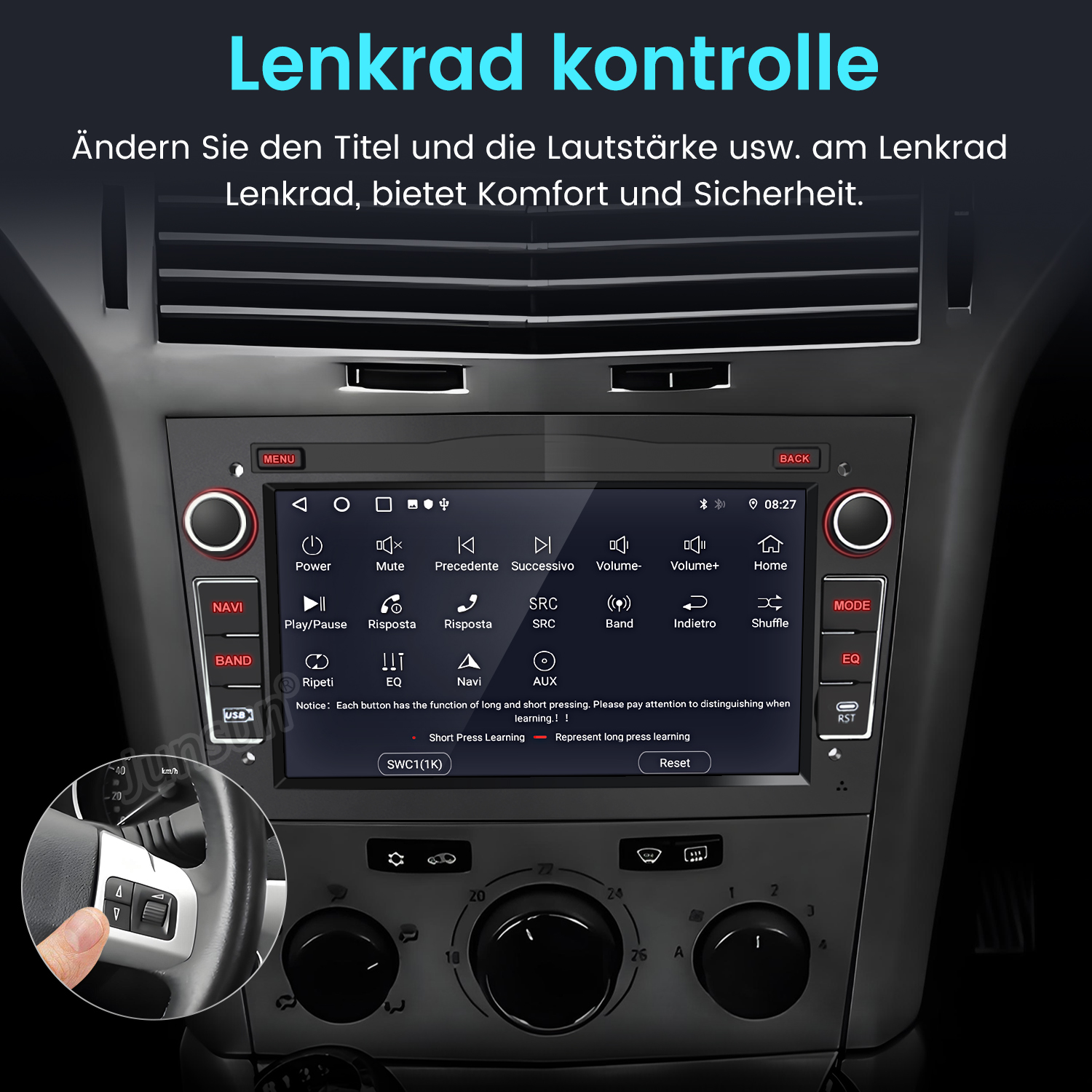 Autoradio-Schnittstelle mit Knöpfen und Bildschirm. Text auf Deutsch über Radiosteuerung.