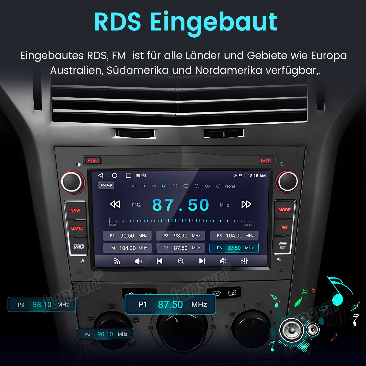 Autoradio mit Bildschirm, der Radioinformationen und Tasten anzeigt.