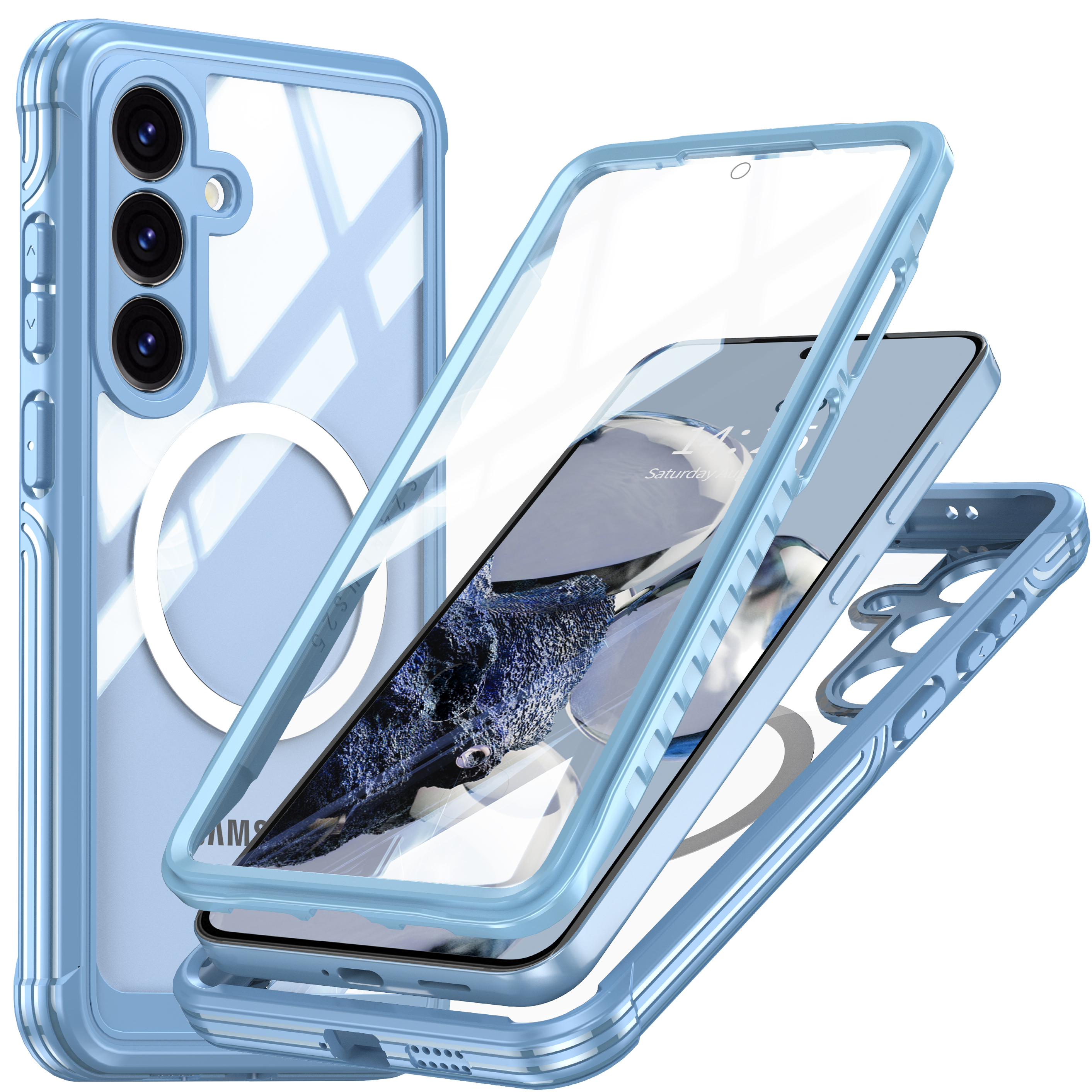 Hellblaue Handyhülle, dreilagig, transparente Rückseite. Telefonmodell sichtbar.