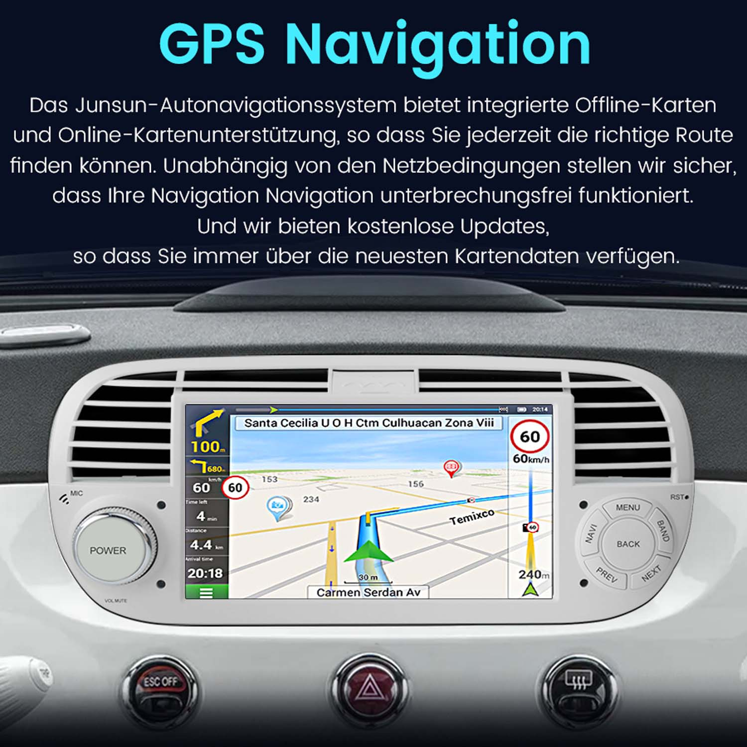 Armaturenbrett mit GPS-Navigation. Karte, Geschwindigkeitsanzeige und Routenführung sind sichtbar.