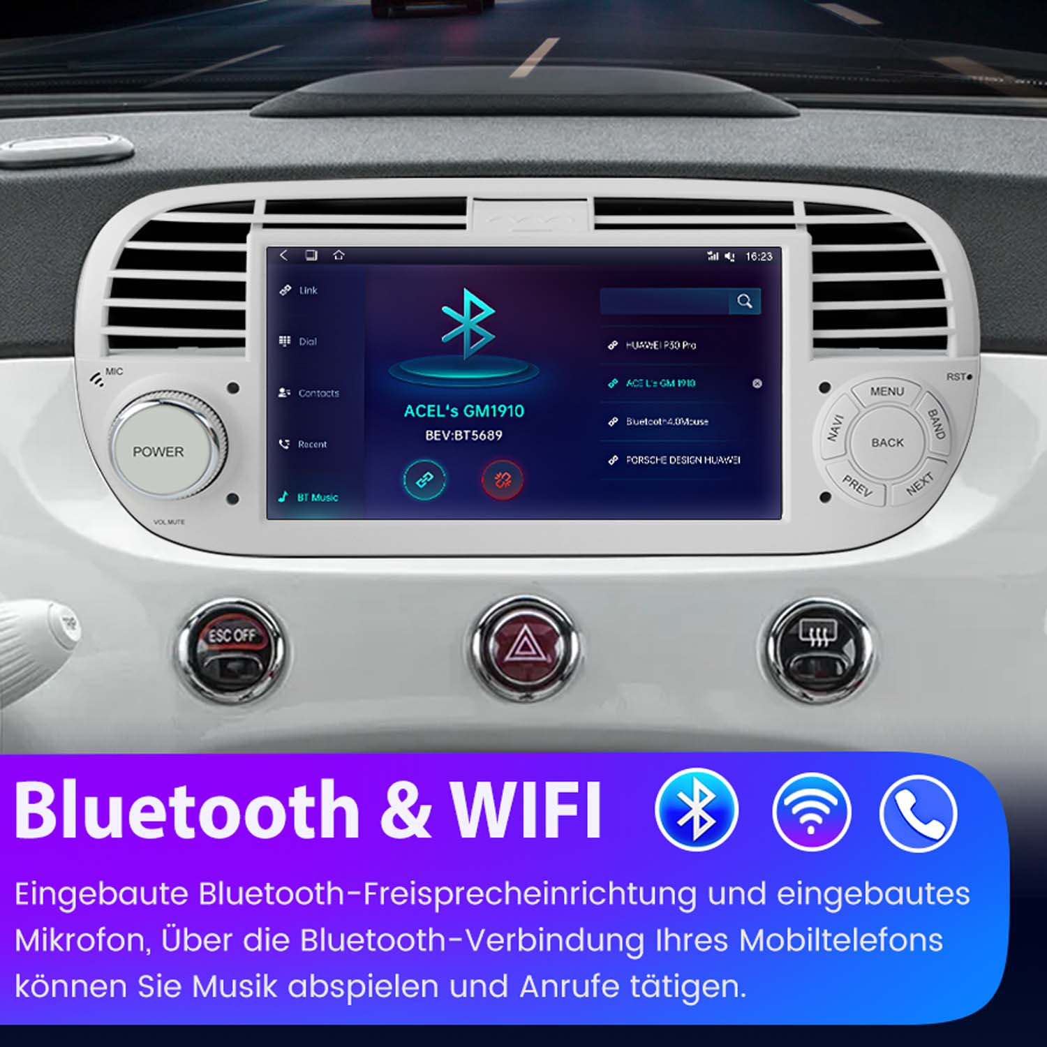 Auto-Armaturenbrett-Bildschirm mit Bluetooth- und WLAN-Oberfläche, mit Symbolen und Text im Innenraum eines Autos.
