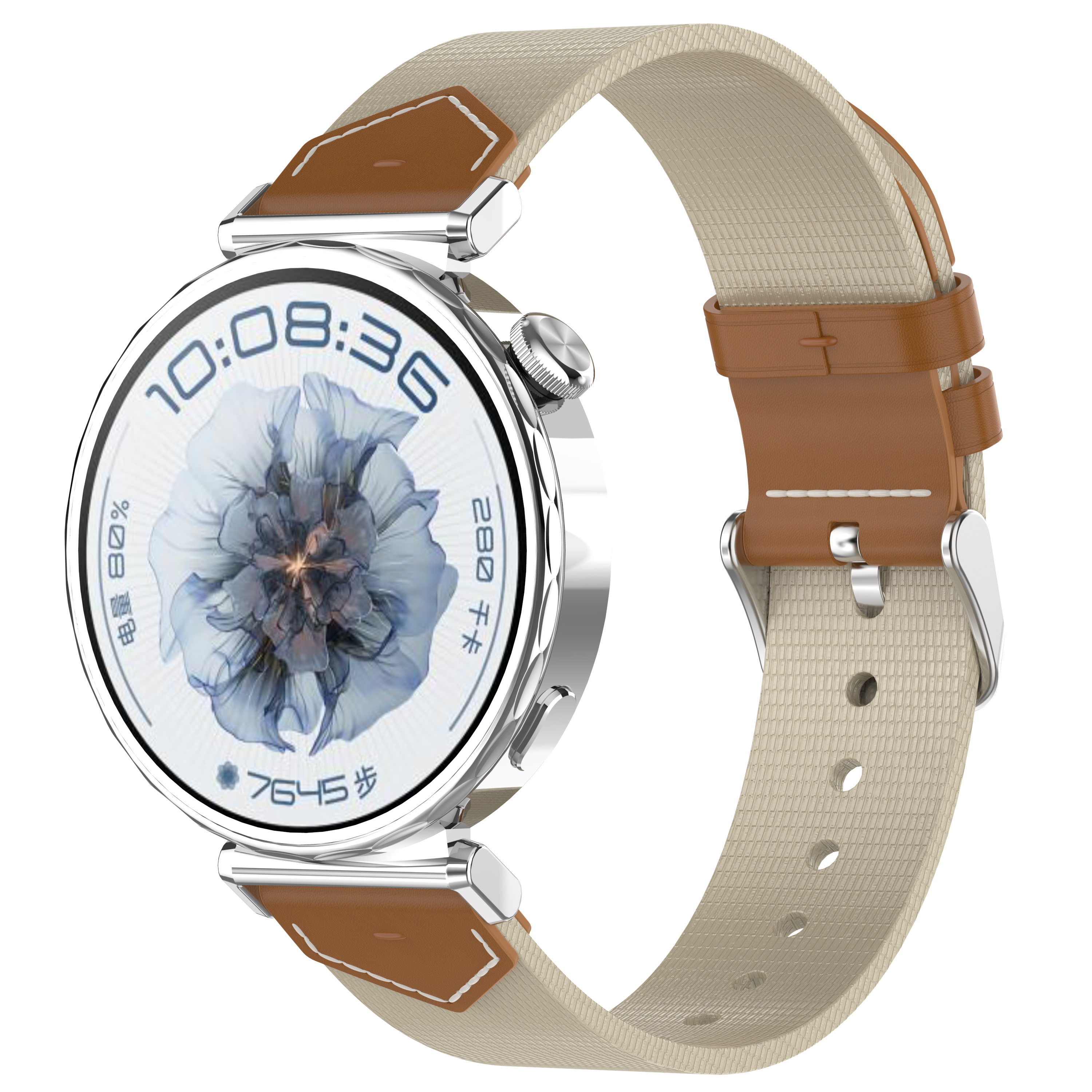 Smartwatch z brązowym i beżowym paskiem, wyświetlający godzinę i kwiatowy wzór.