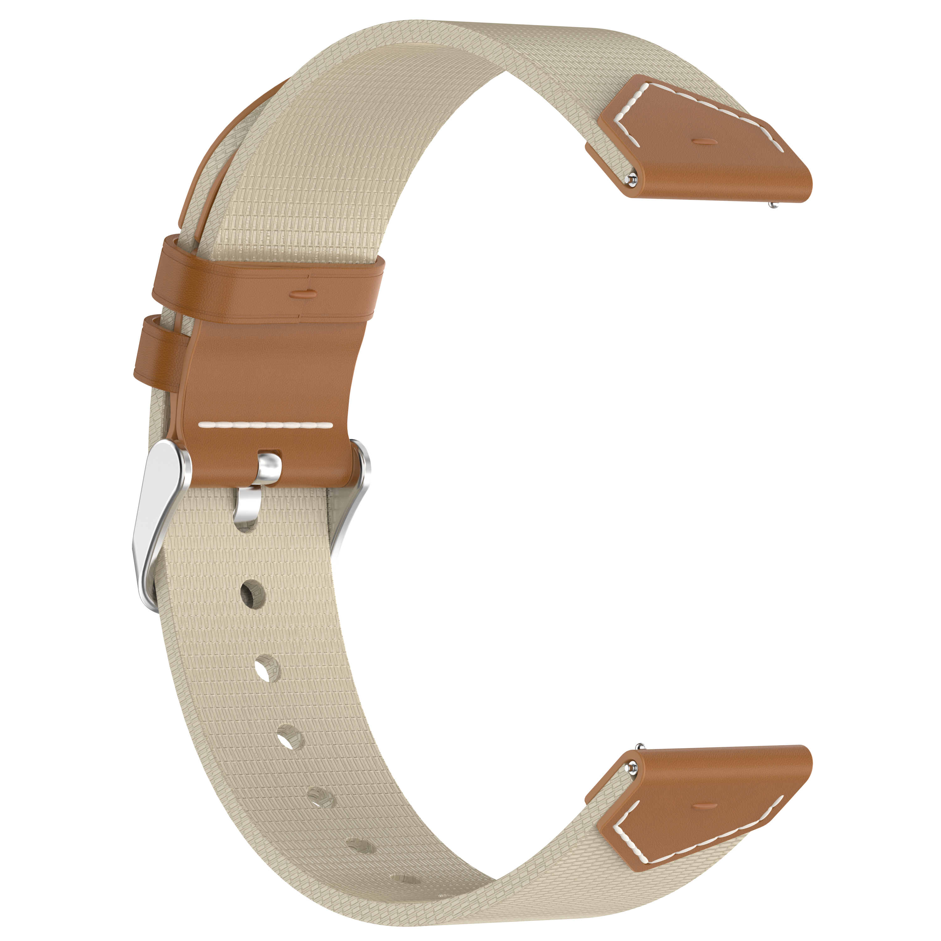 Beżowy i brązowy pasek do zegarka, skórzane akcenty. Klamra i otwory.
