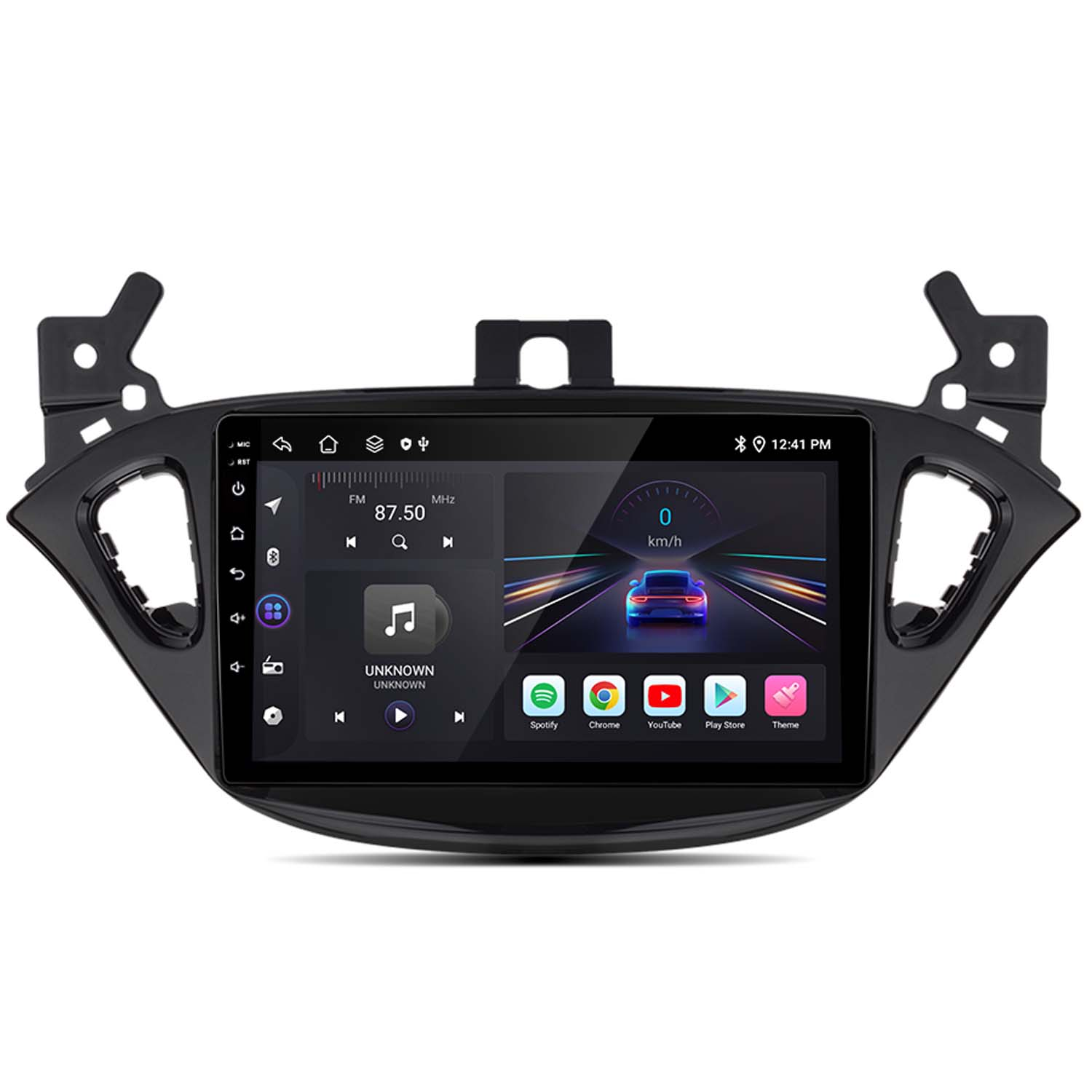Schwarzes Auto-Multimedia-System mit Bildschirm, der ein Auto und UI-Elemente anzeigt. Weißer Hintergrund.