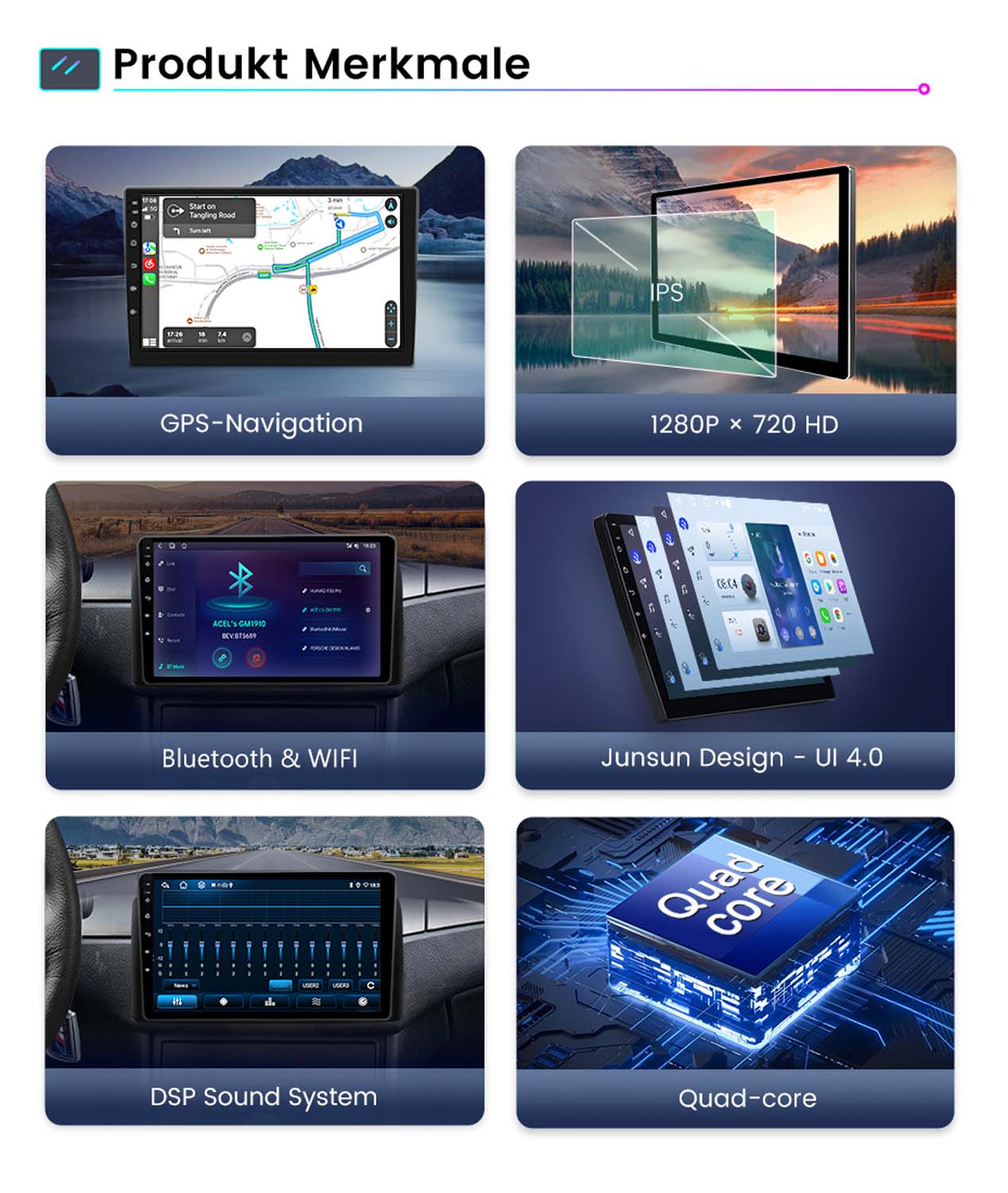 Ein Produktüberblick mit 6 Bildern. Zeigt GPS-Navigation, HD-Bildschirm und andere Funktionen.