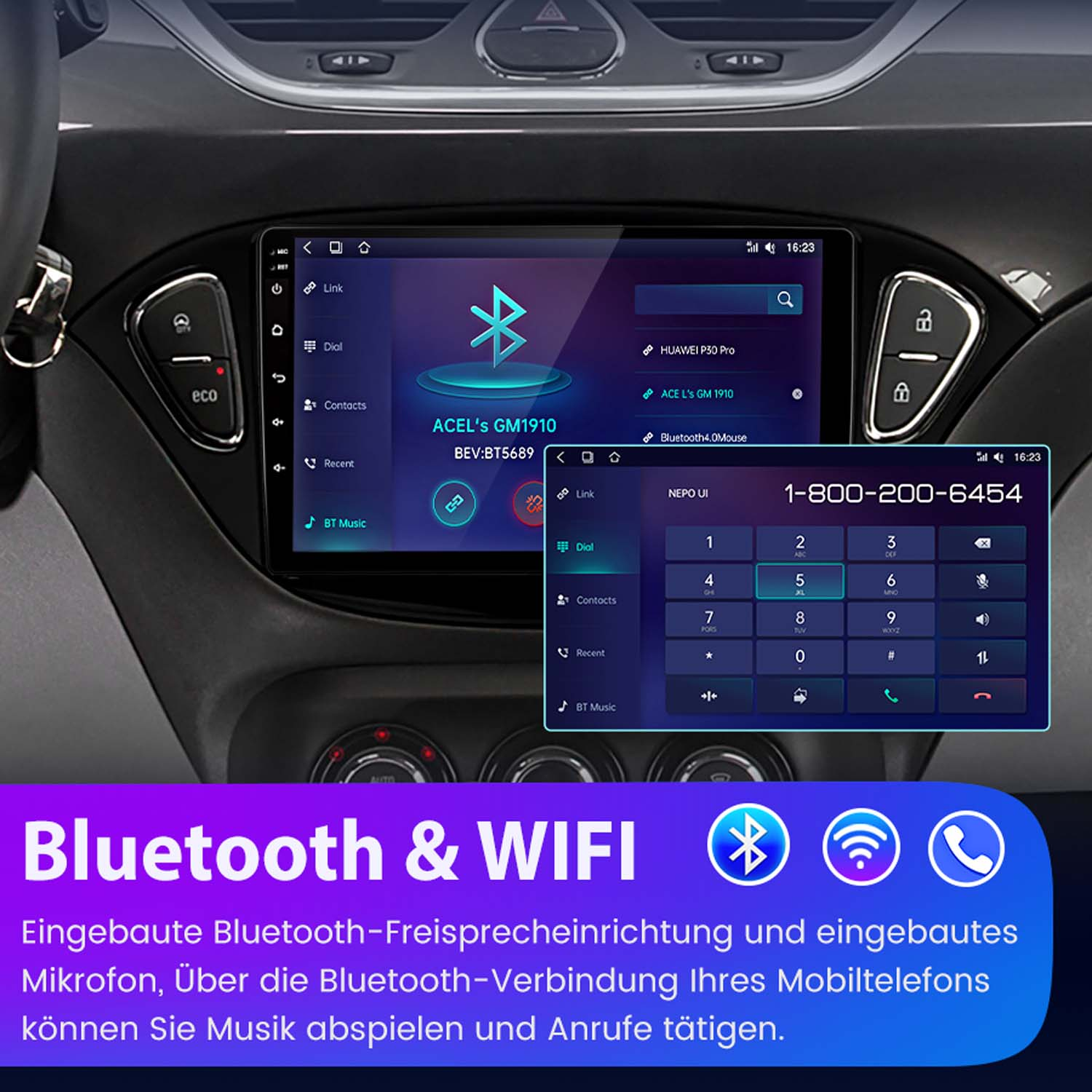 Autoradio-Bildschirm, der eine Telefonoberfläche mit Bluetooth- und WLAN-Symbolen zeigt.