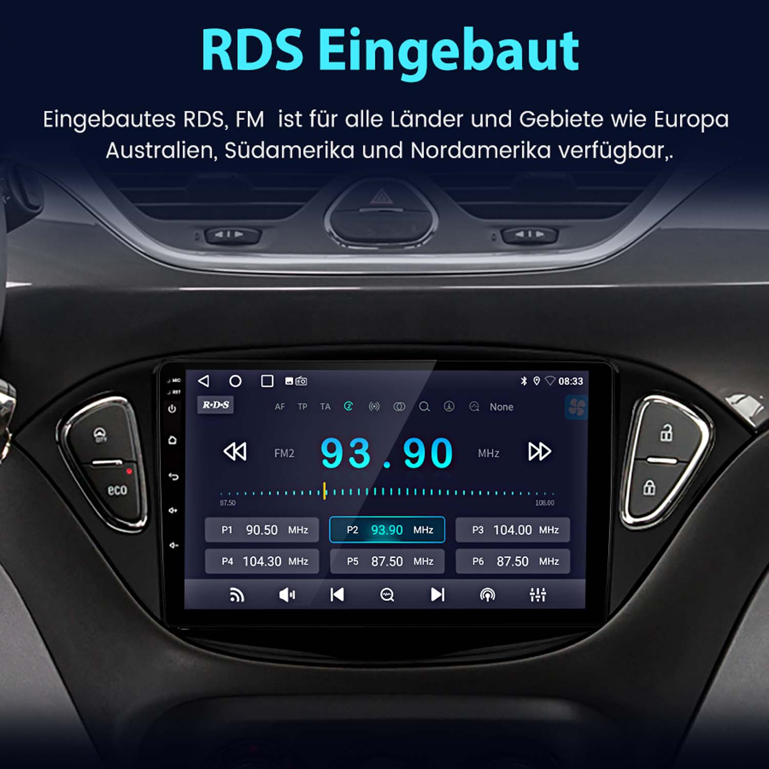 Autoradio mit Bildschirm, der die UKW-Radiofrequenz anzeigt. Text auf Deutsch.