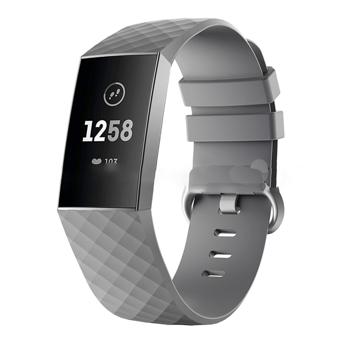 Ein grauer Fitnesstracker mit Anzeige von Schritten und Herzfrequenz, mit einem grauen Armband.