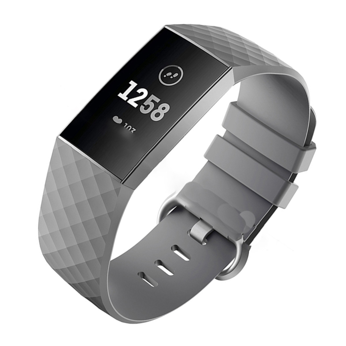 Grauer Fitnesstracker mit Digitalanzeige. Zeigt Herzfrequenz und Zeit.