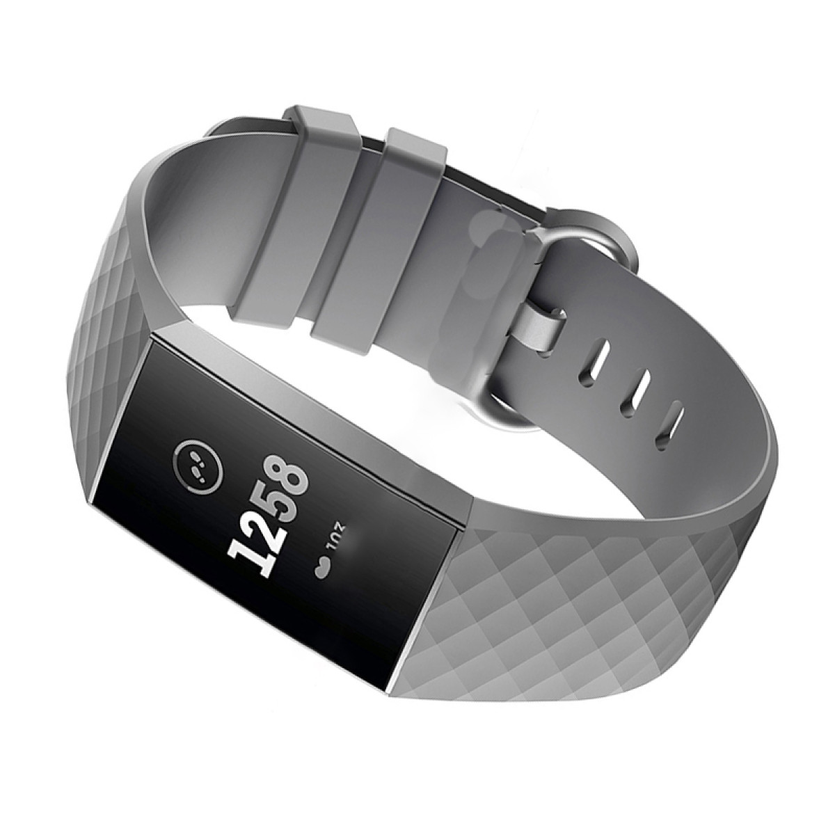 Grauer Fitnesstracker mit einem Bildschirm, der eine Zahl anzeigt, auf weißem Hintergrund.