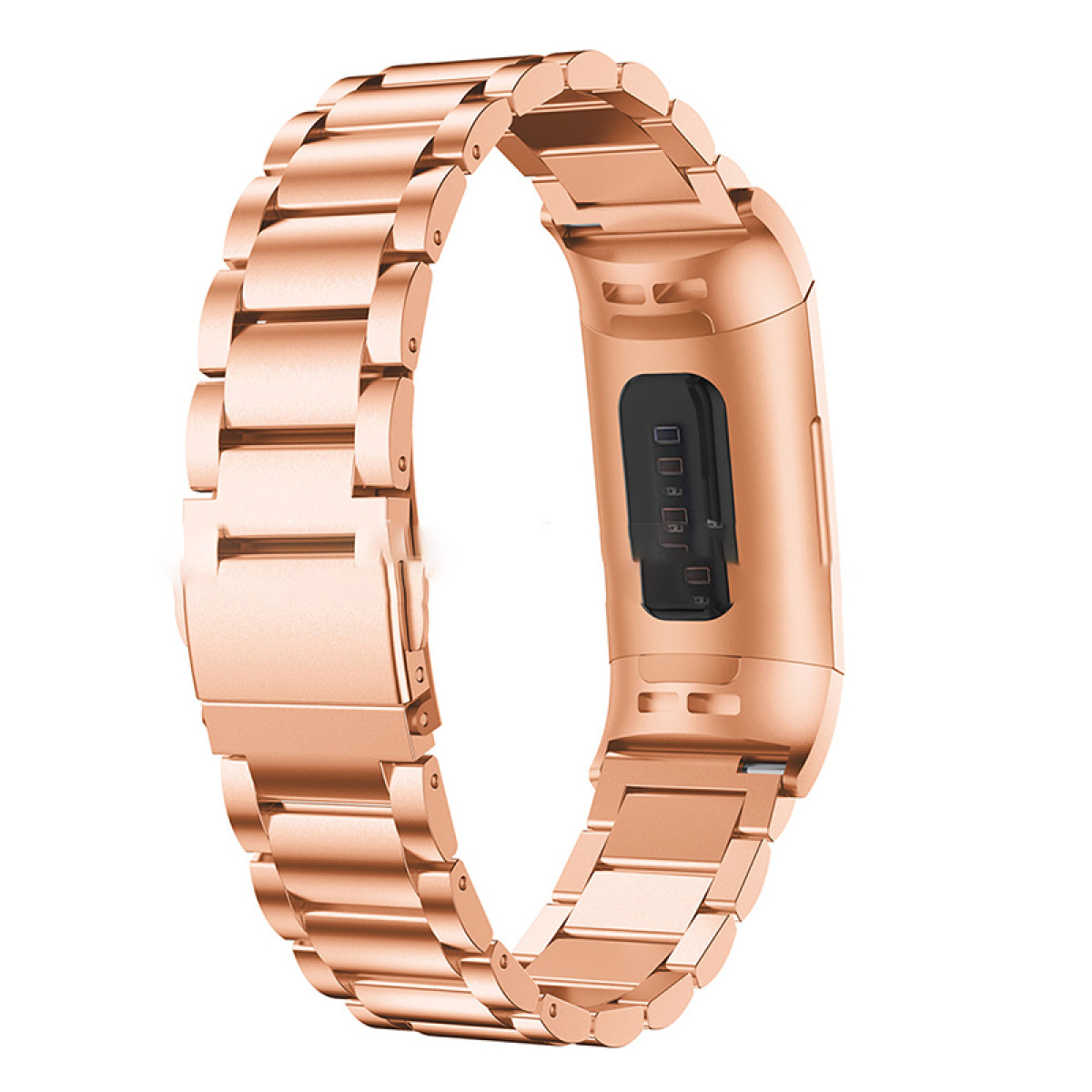 Cinturino orologio oro rosa. Maglie metalliche e quadrante. Sfondo bianco.