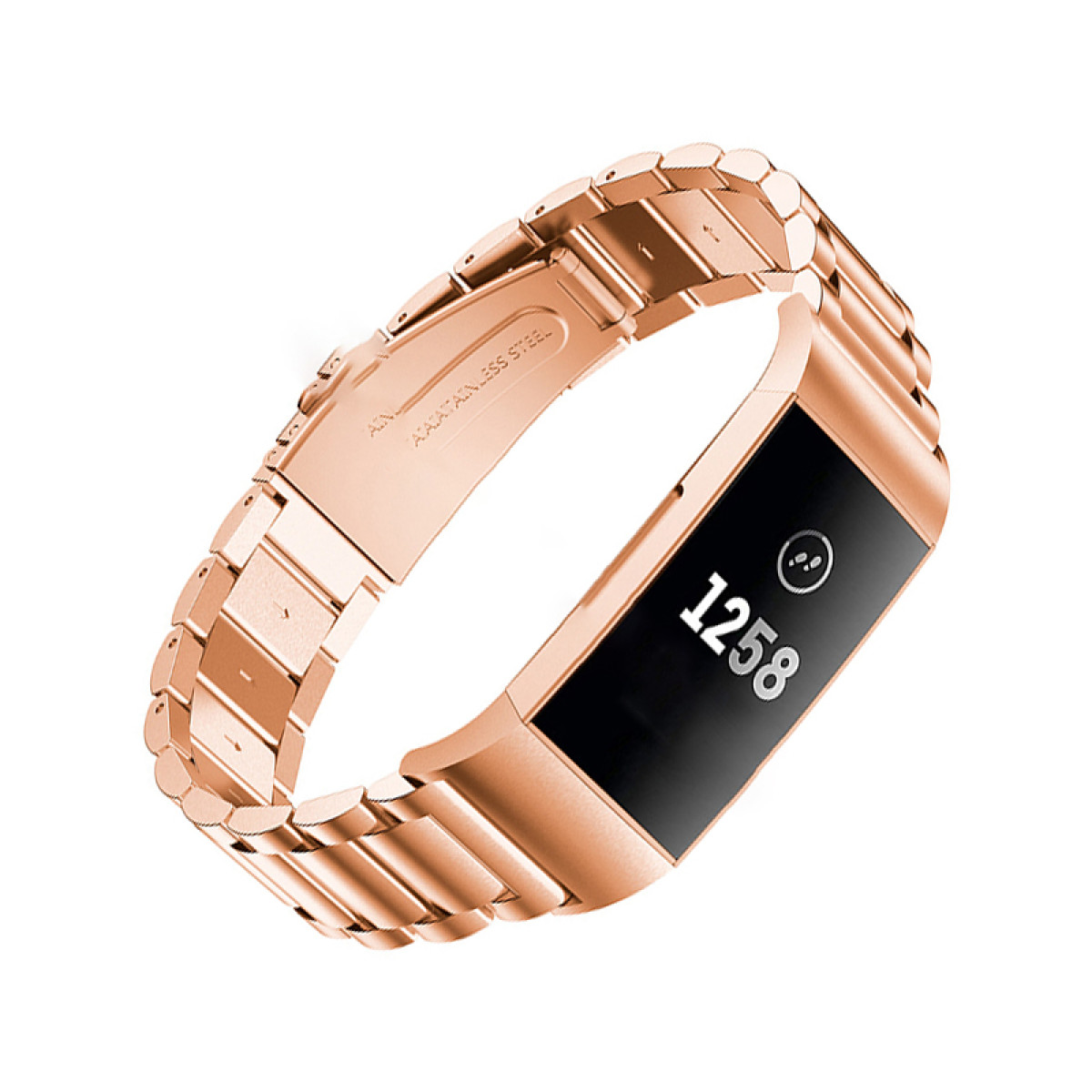 Cinturino per smartwatch oro rosa con display, che mostra l'ora. Acciaio inossidabile, sfondo bianco.