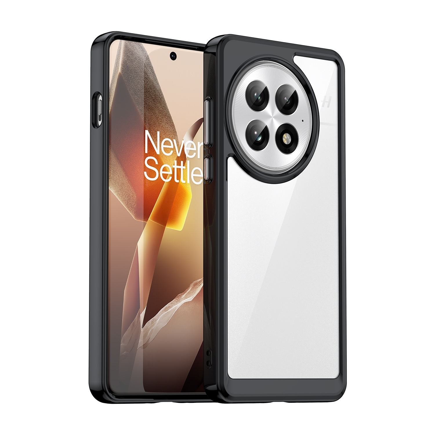 Schwarz-weiße Handyhülle mit durchsichtigem Rücken und Telefon, das 'Never Settle' anzeigt.