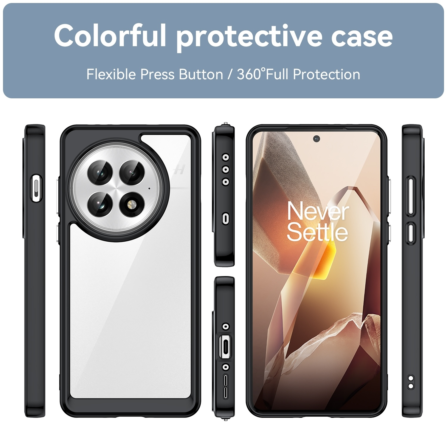 Schwarze Handyhülle, mehrere Ansichten. Text: 'Colorful protective case', 'Never Settle'. Telefon in Hülle.